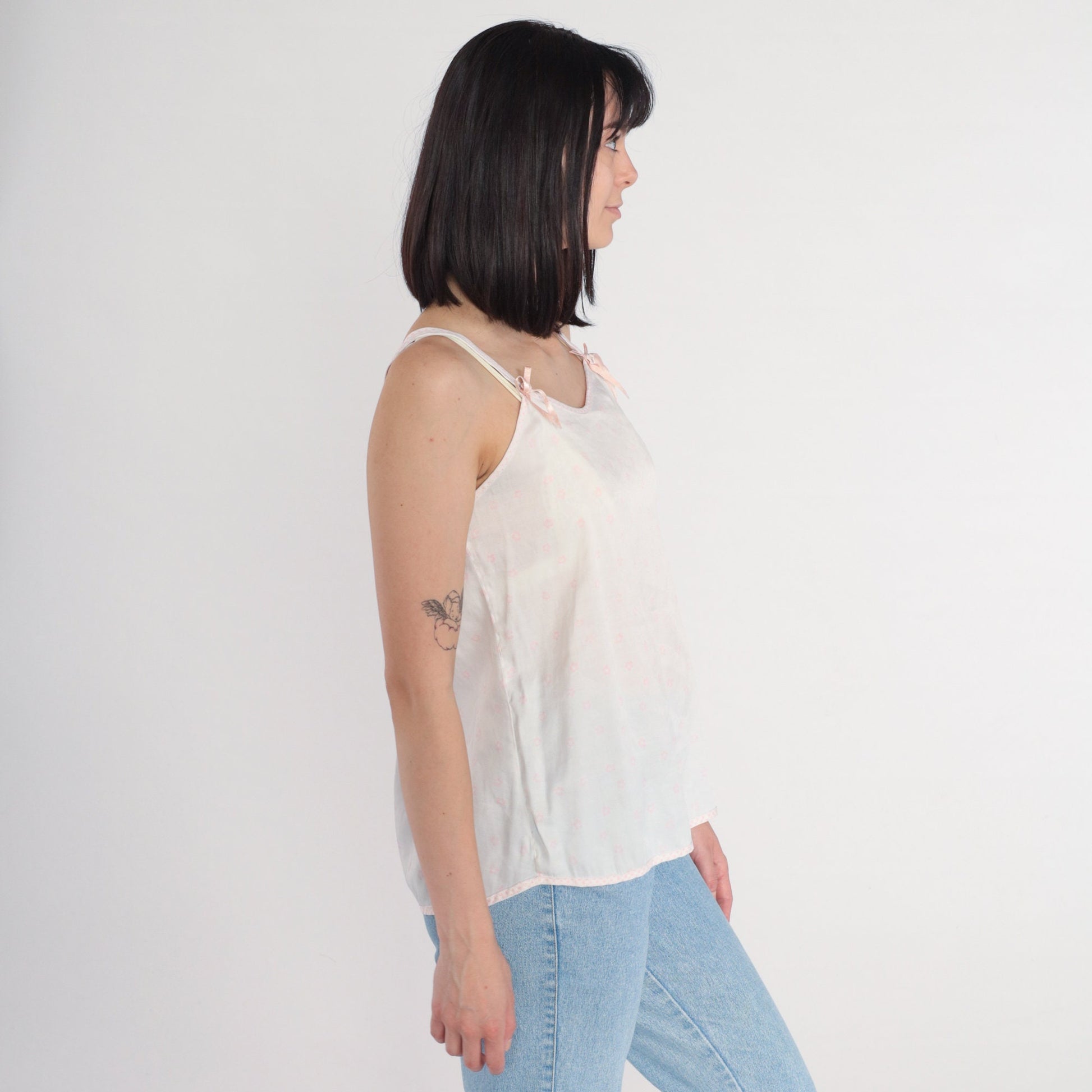 80s White Floral Camisole Pink Ditsy Print Spaghetti Strap Tank Small