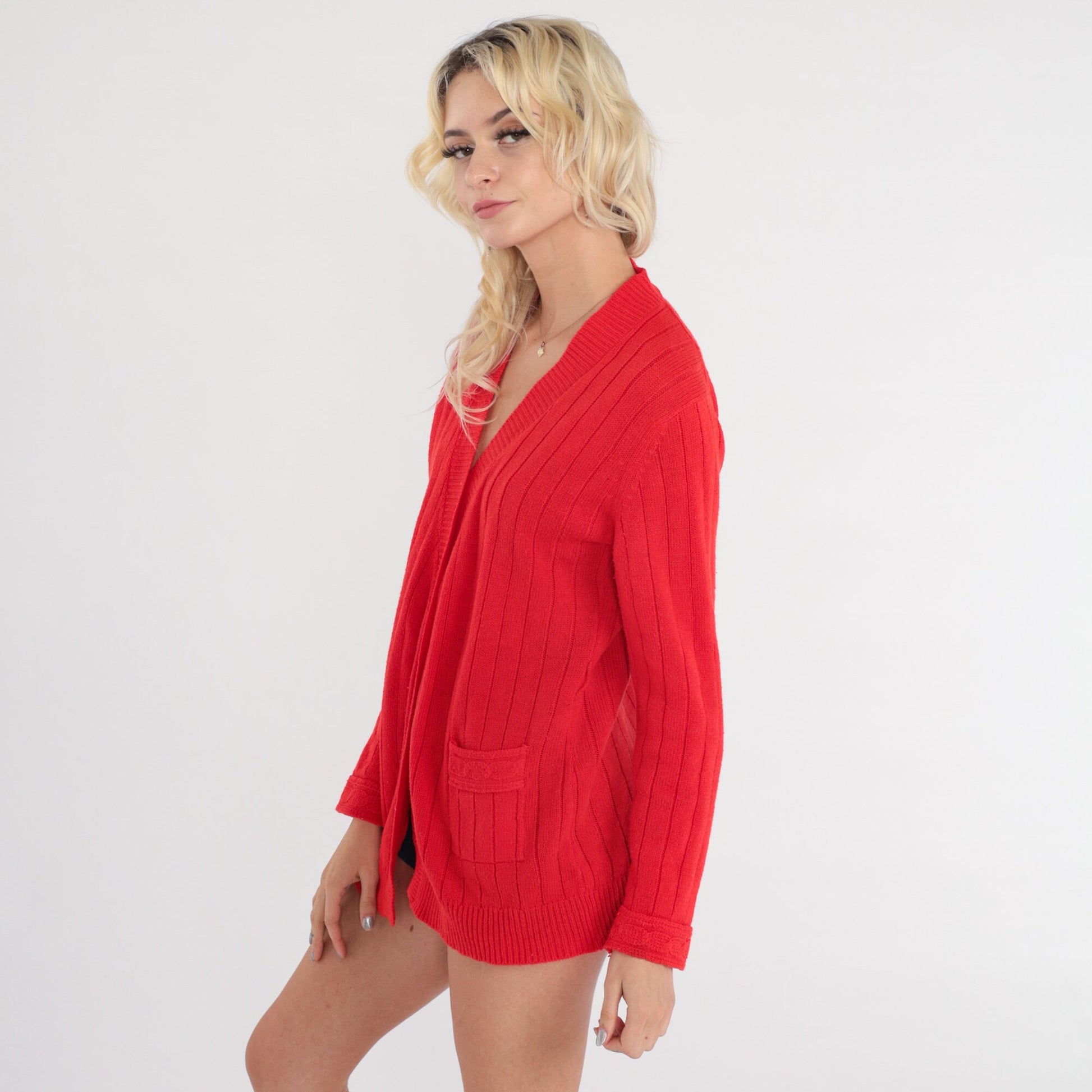 70s Red Wrap Cardigan Knit Sweater Small S