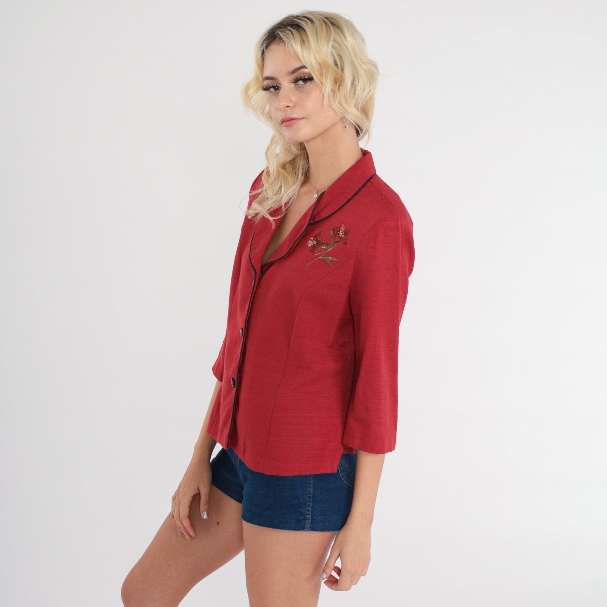 80s R&K Originals Red Floral Applique Blazer Medium