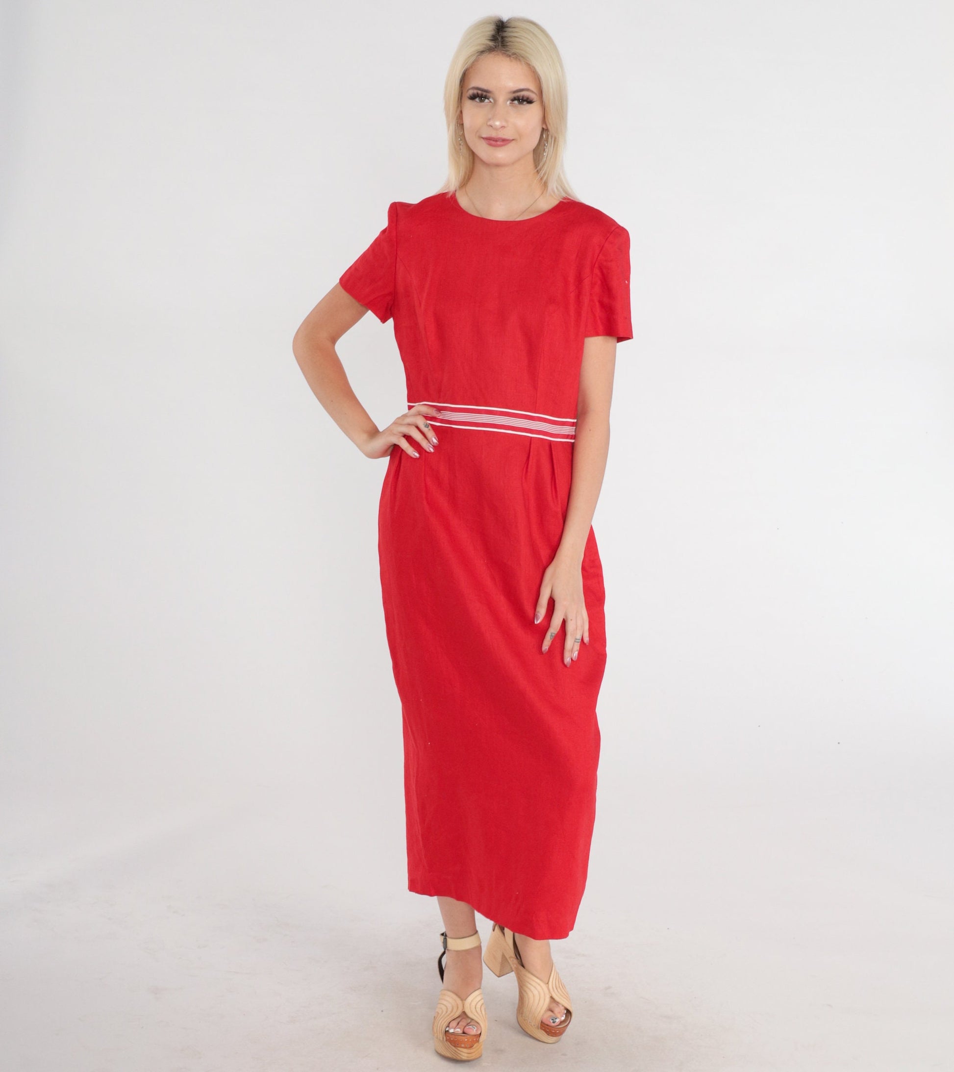 00s Red Linen Midi Dress Keyhole Cutout Bow Short Sleeve Small 6