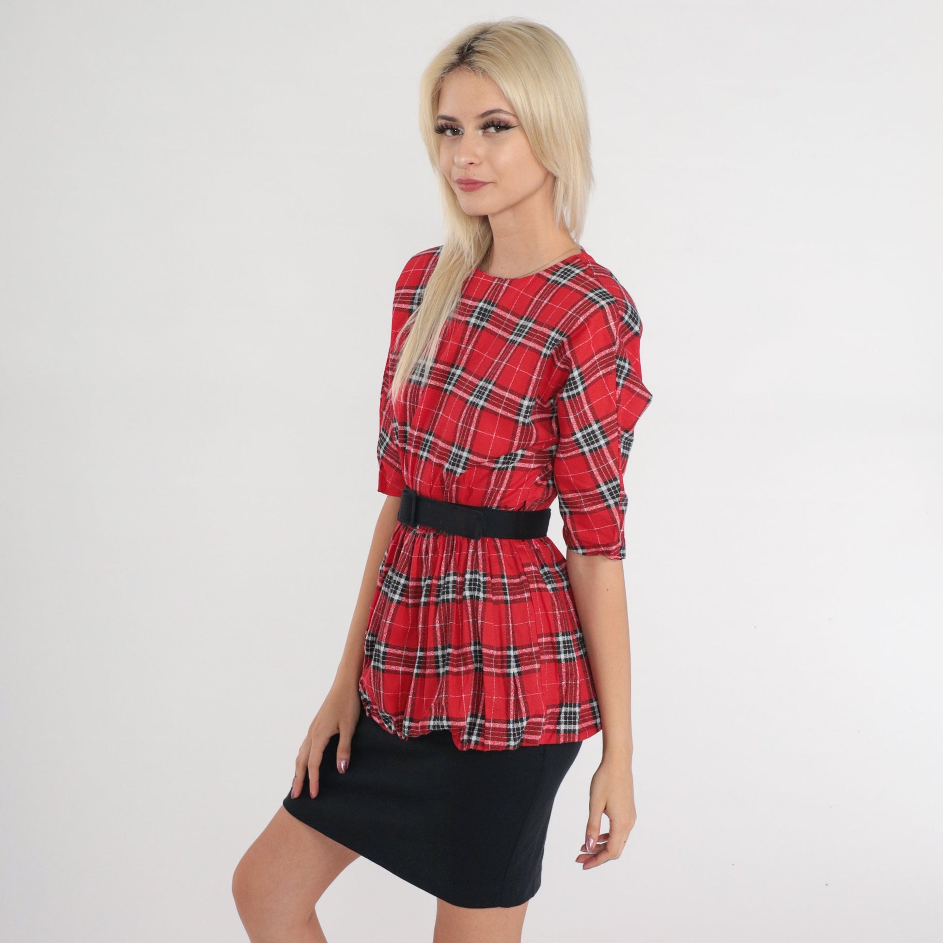 80s Bee Darlin Red Plaid Peplum Midi Dress Black Pencil Skirt Extra Small