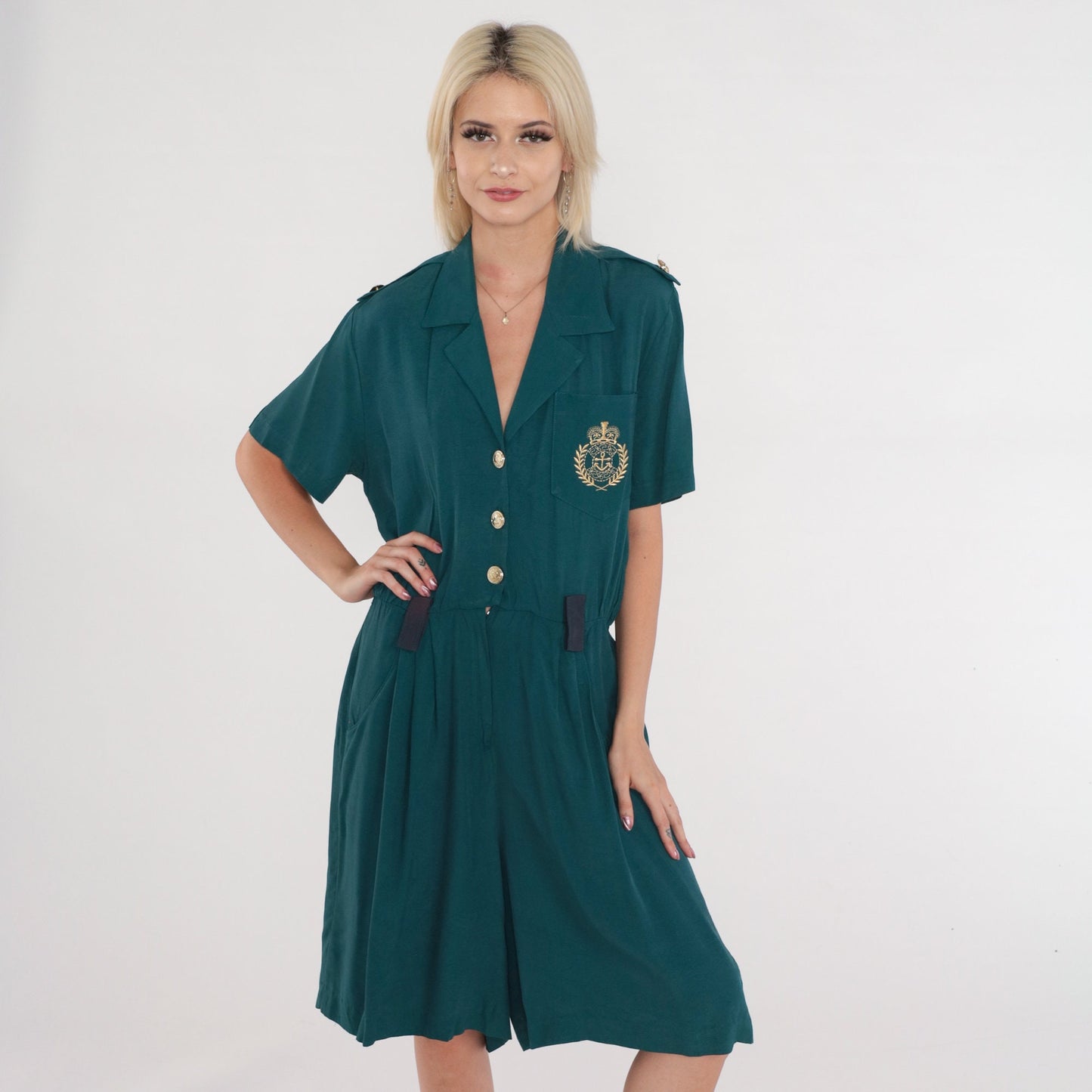 90s Nautical Teal Romper Wide Leg Button Up Epaulette Playsuit Large L