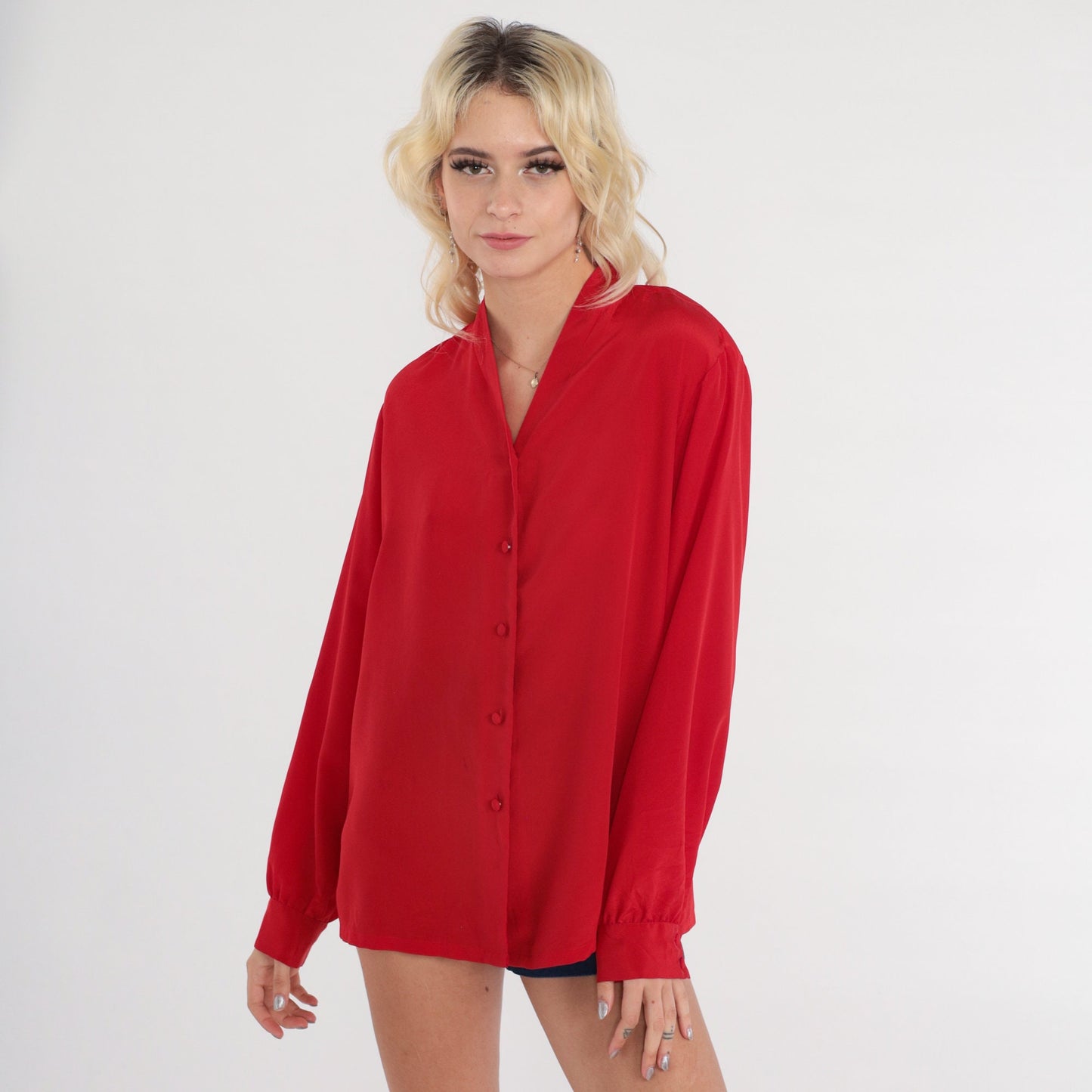 80s Pendleton Red Button-Up Blouse V-Neck Long Sleeve Medium