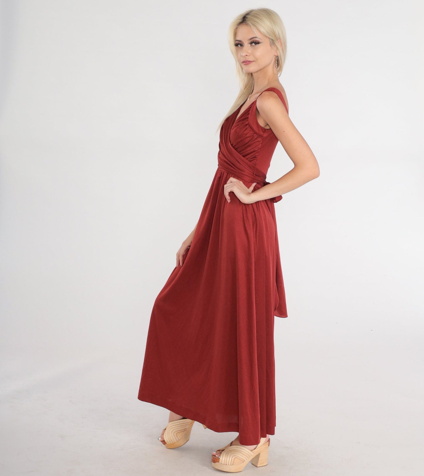 70s Rust Red Maxi Dress Deep V Wrap Bodice High Waisted Small