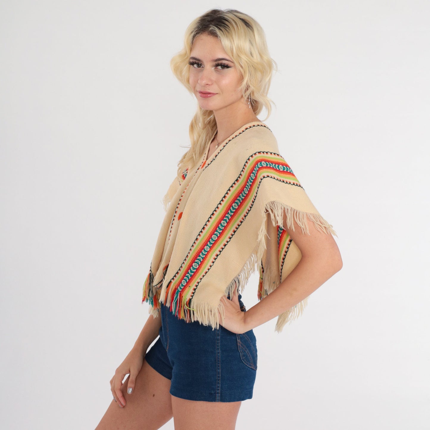 70s Cream Wool Poncho Southwestern Print Fringe Cape Small