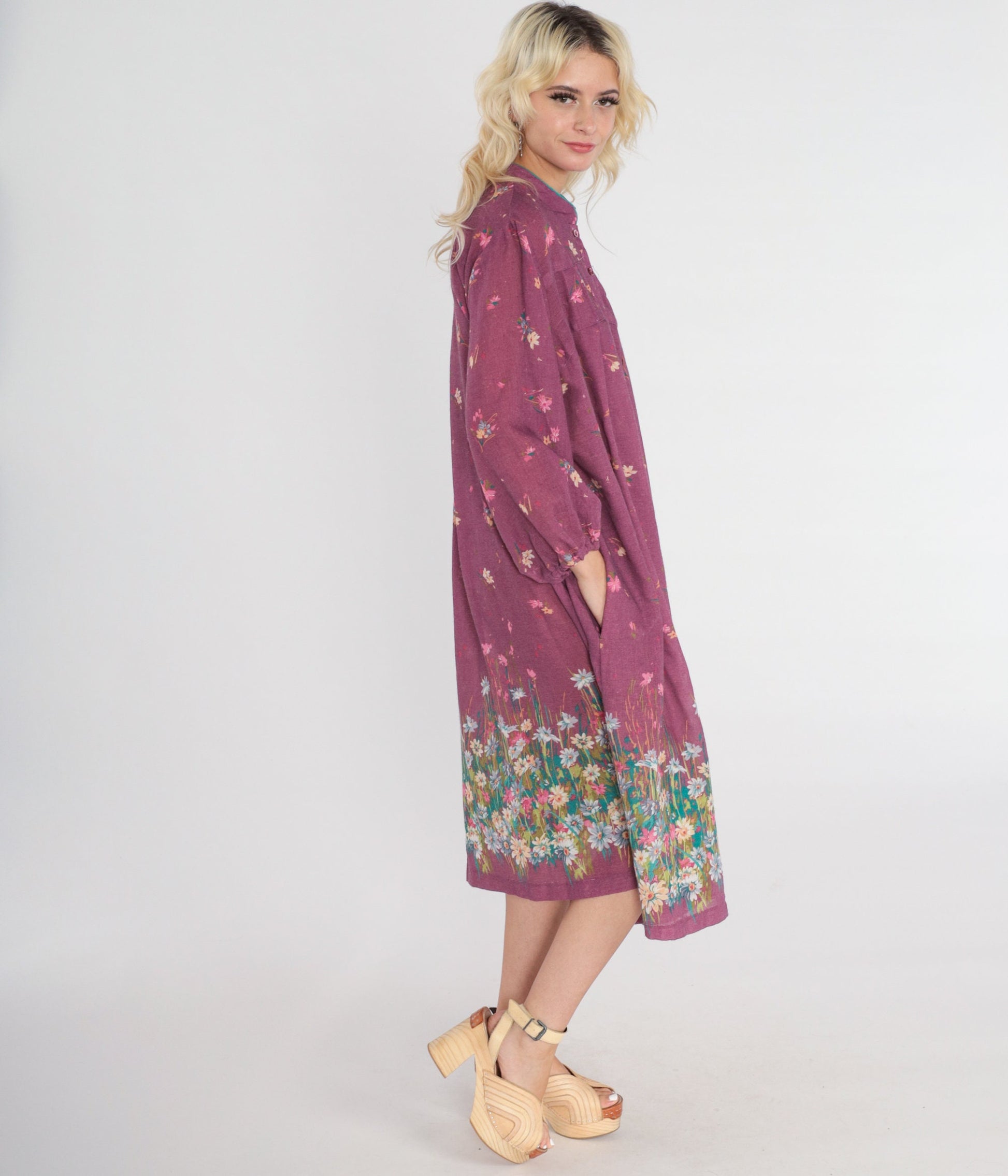 70s Wildflower Purple Floral Midi Dress Button-Up Long Sleeve Large
