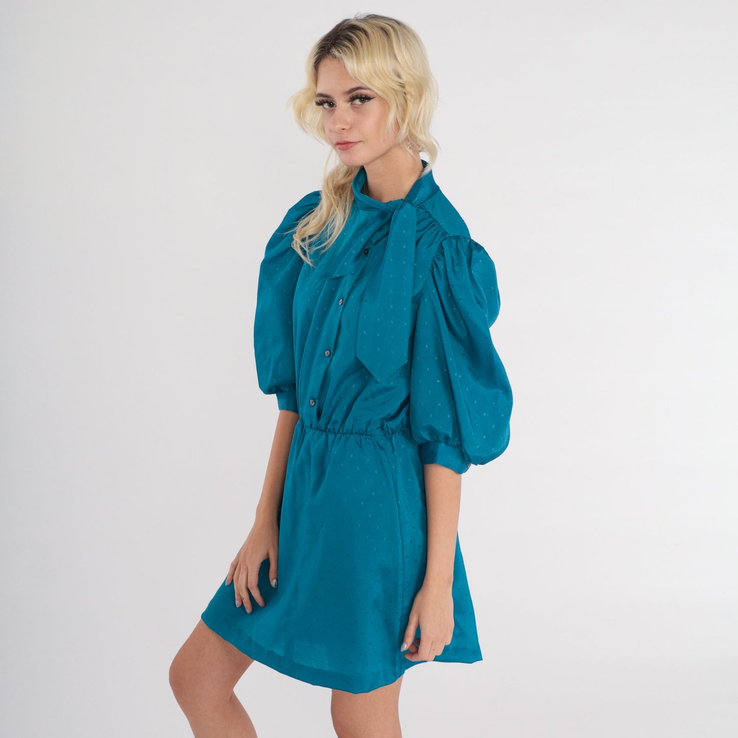 80s Blue Mini Shirtdress Puff Sleeve Ascot Tie Neck Button Up Medium
