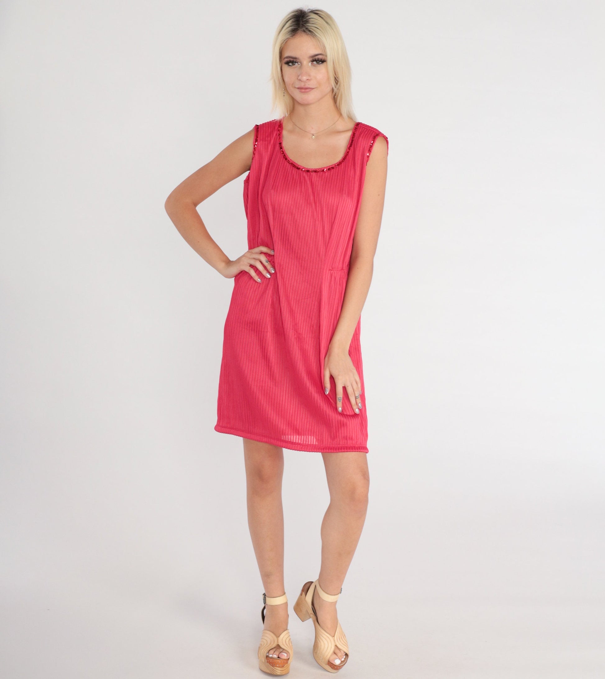 70s Dark Pink Mini Dress Sequin Trim Pleated Shift Sleeveless XS