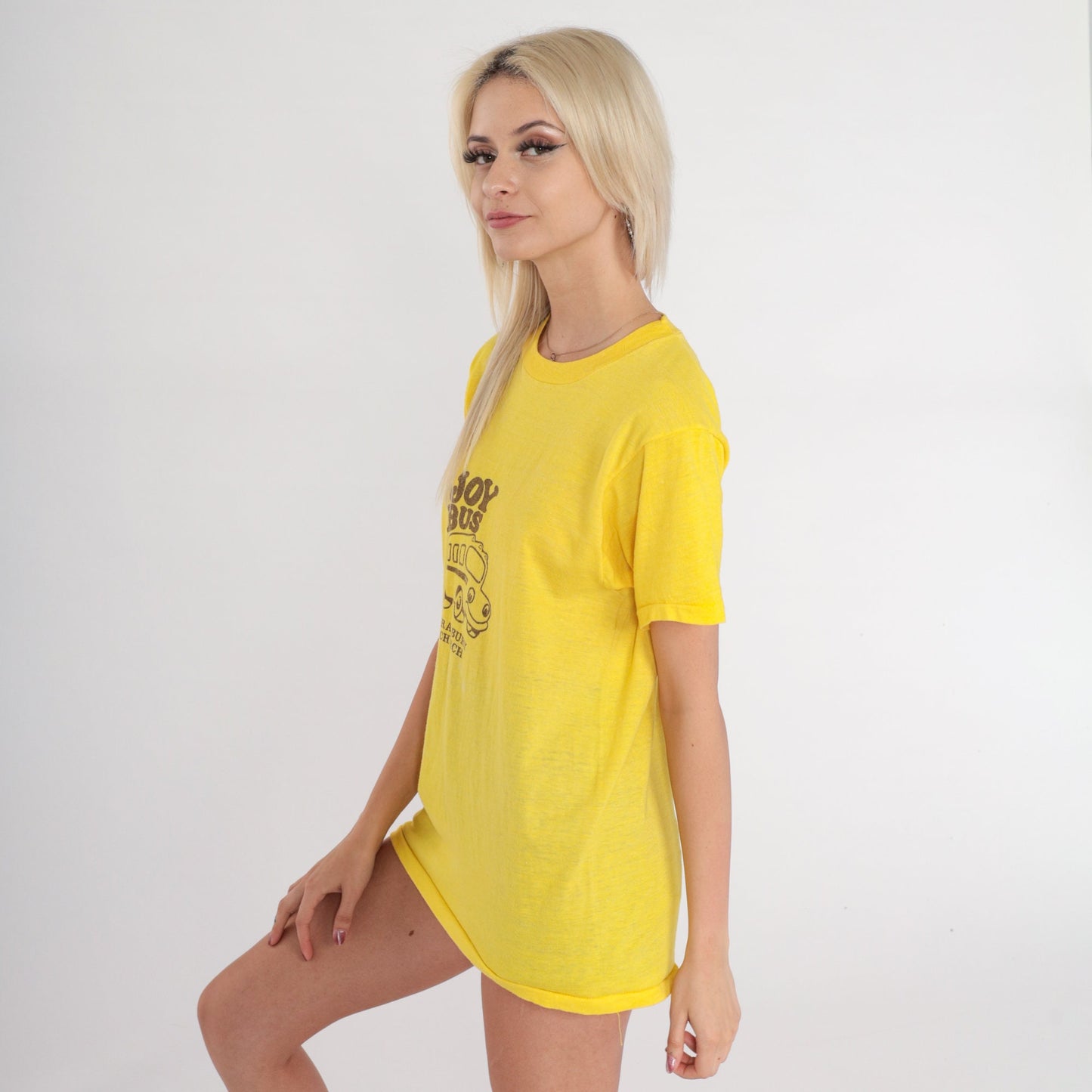 80s Granbury Church Joy Bus Graphic T-Shirt Yellow Christian Baptist Medium