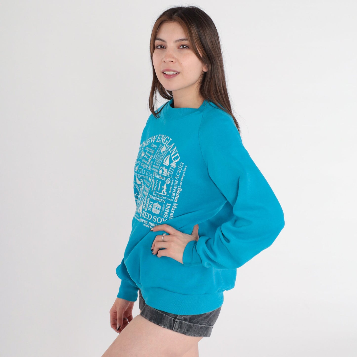 80s New England Raglan Sweatshirt Blue Graphic Crewneck Large