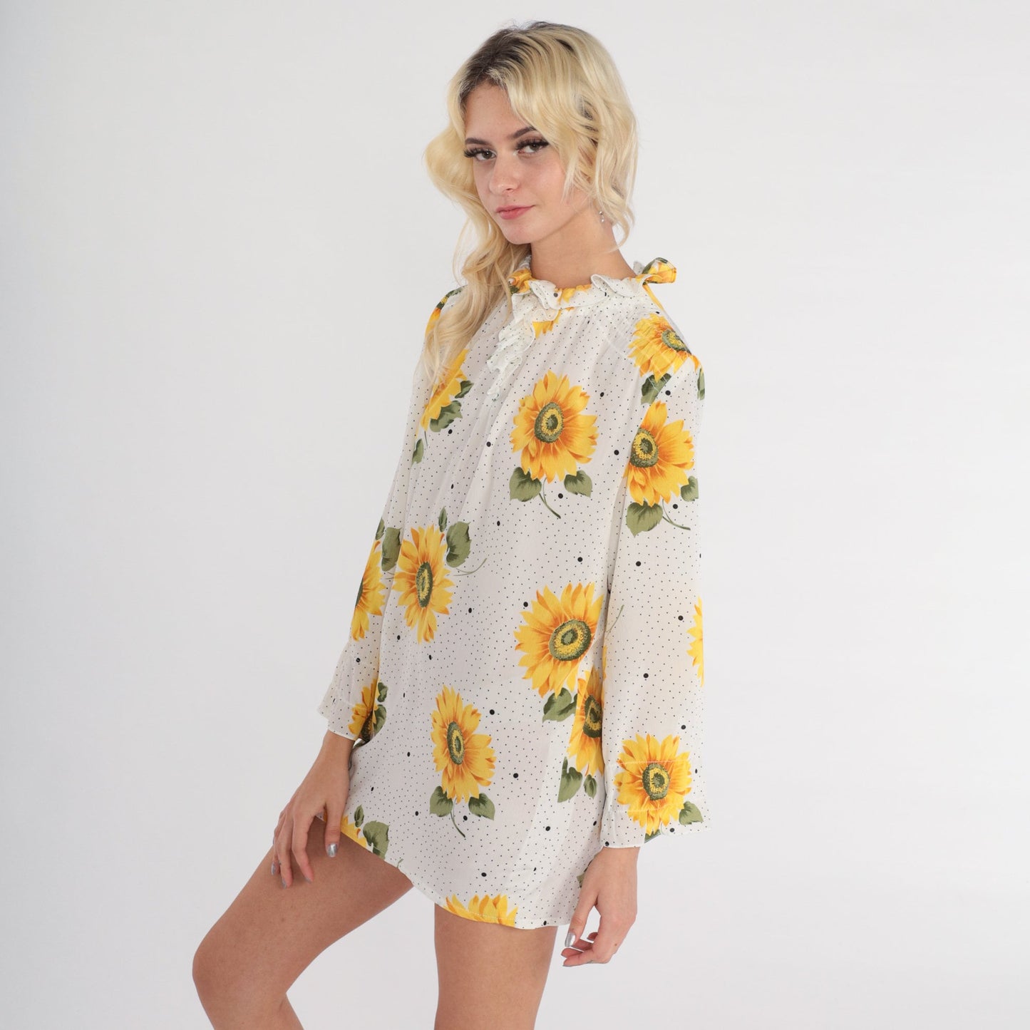 70s Sunflower Print Shift Dress White Long Sleeve Micro Mini Small