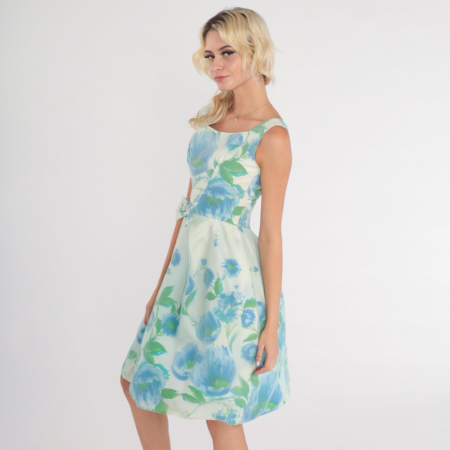 1960s White Floral Blue Mini Dress Bow Waist Sleeveless XXS