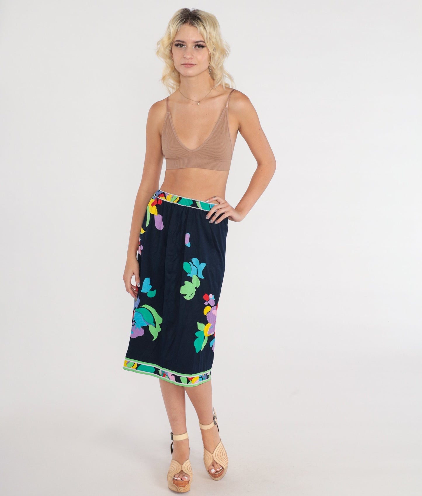 70s Leonard Floral Midi Skirt Navy High Waist Cotton Small