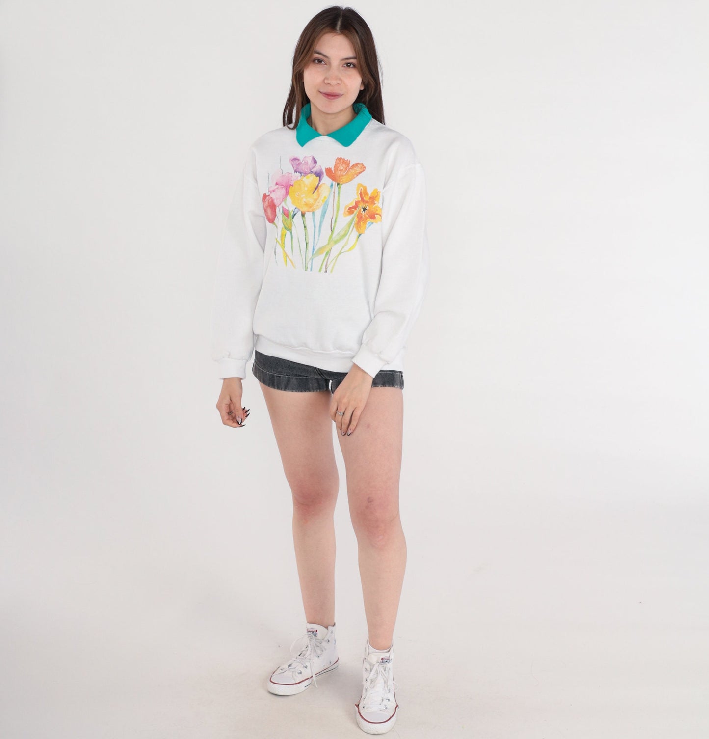 00s Jerzees Watercolor Floral Sweatshirt White Green Collar Medium