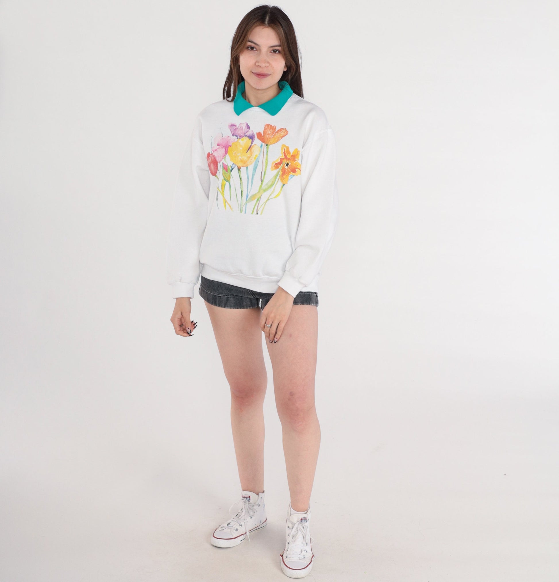 00s Jerzees Watercolor Floral Sweatshirt White Green Collar Medium