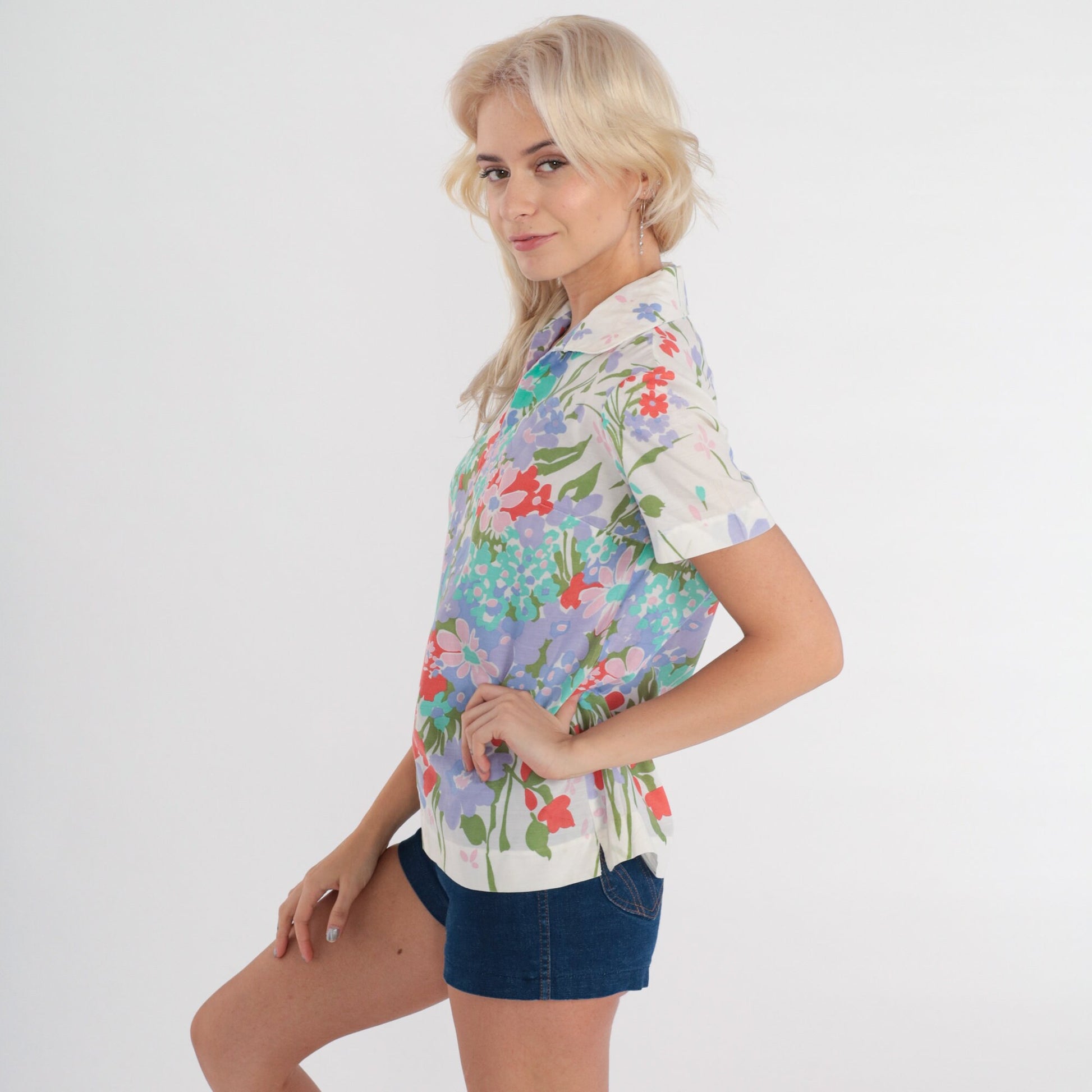 70s White Floral Puff Sleeve Blouse V Neck Tunic Extra Small XS