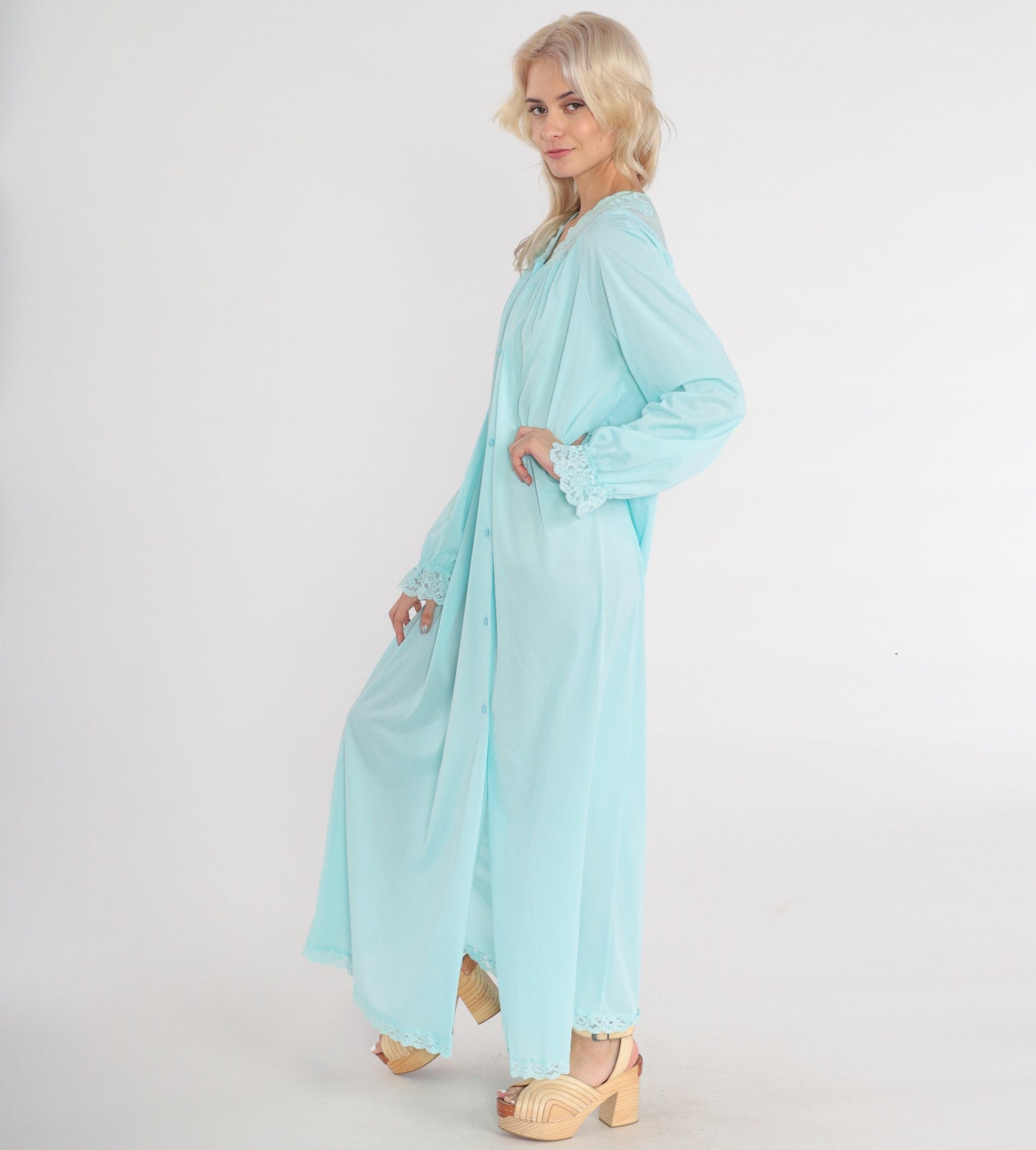 70s Blue Nylon Pajama Robe Maxi Lace Trim Button Front Bed Jacket Medium M