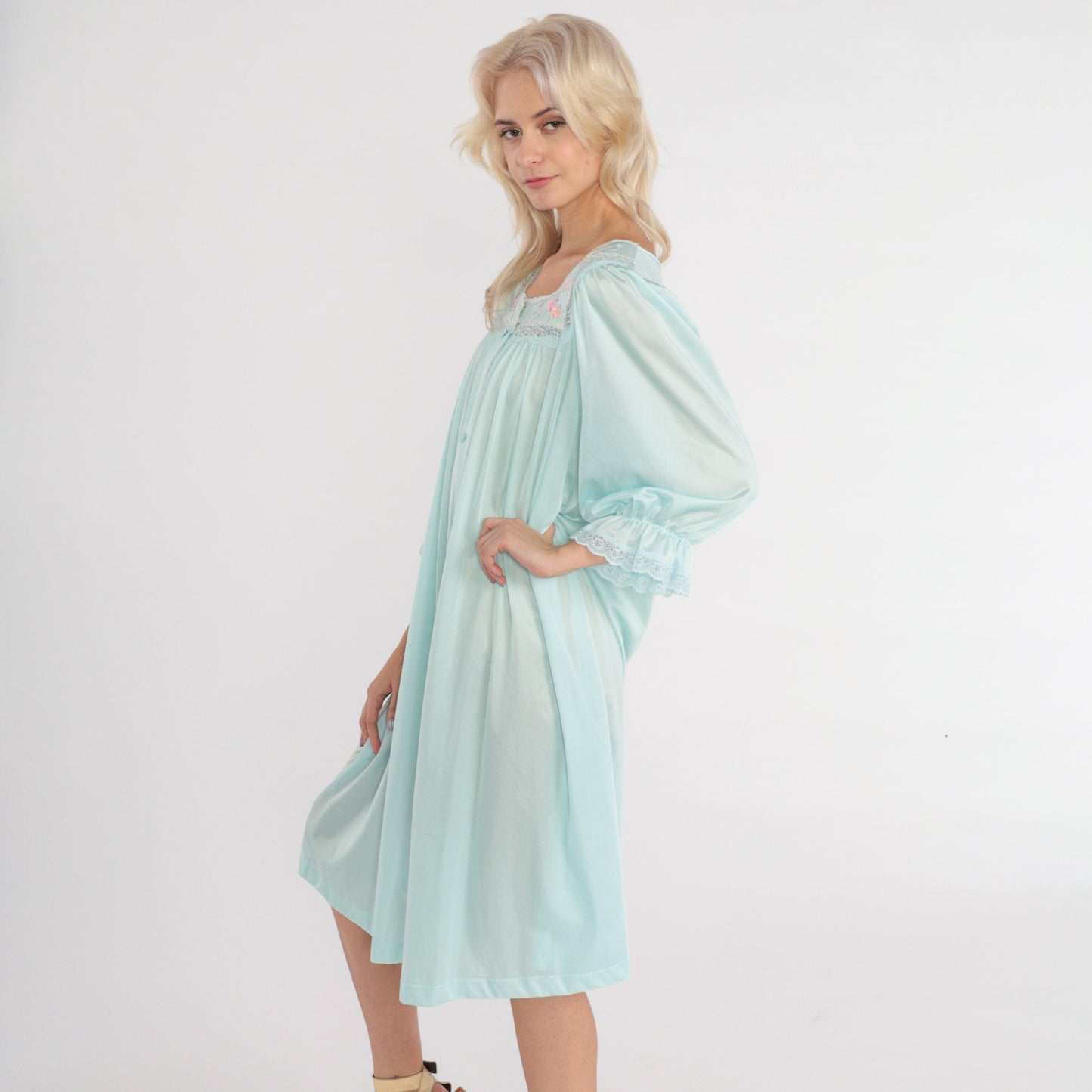 70s Blue Floral Embroidered Nylon Pajama Dress Midi Nightgown Large L