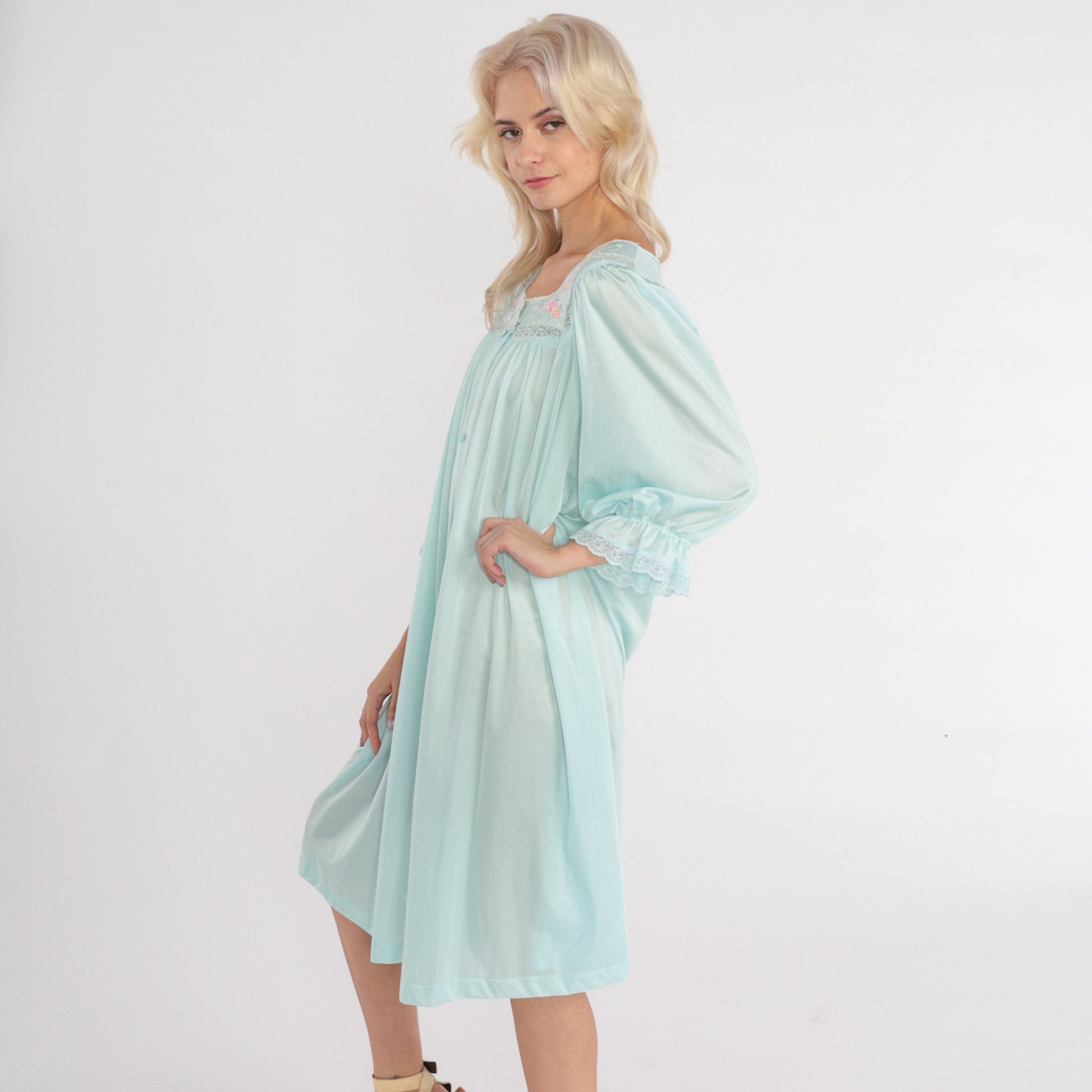 70s Blue Floral Embroidered Nylon Pajama Dress Midi Nightgown Large L