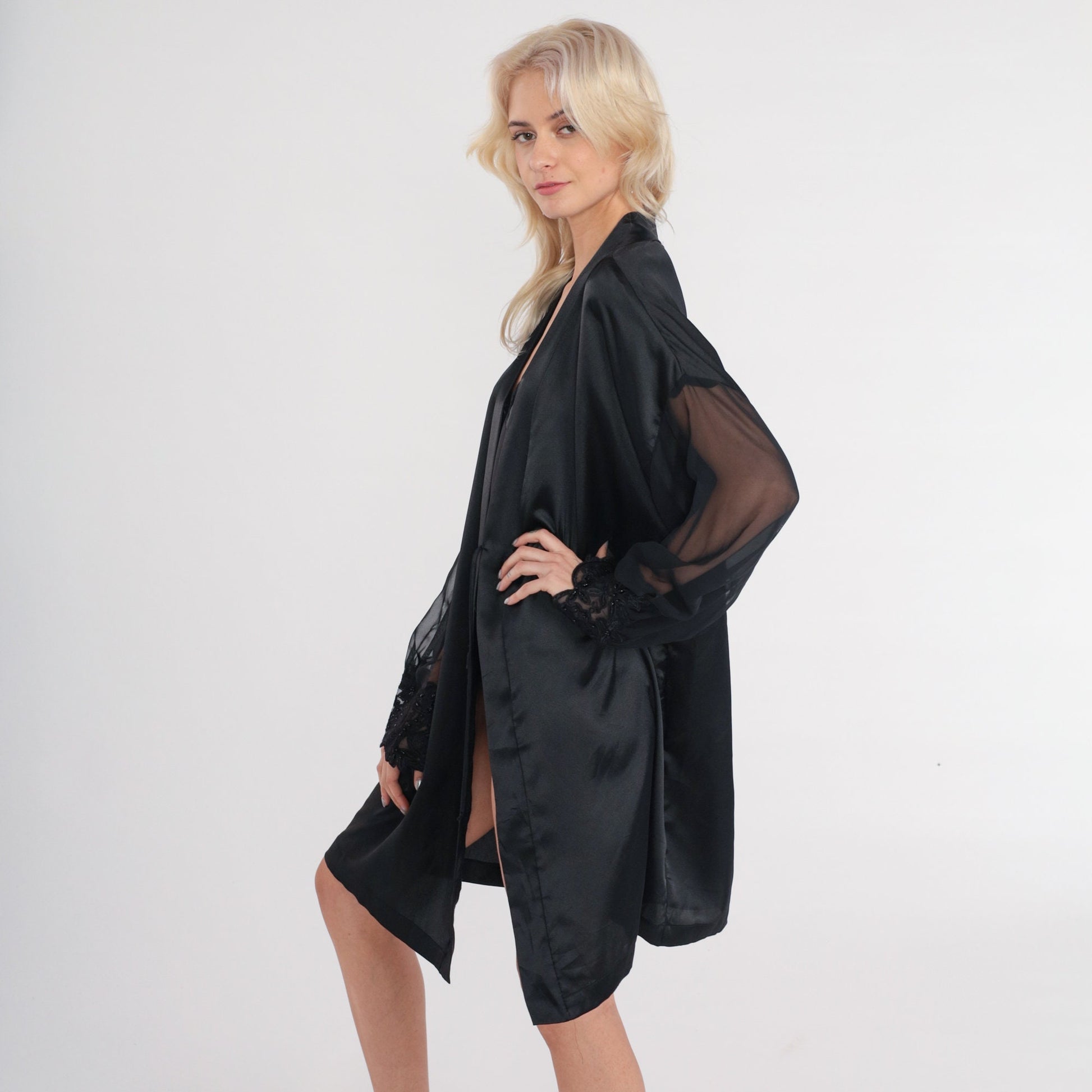 90s Black Bed Jacket Floral Lace Trim Open Front Robe Large L