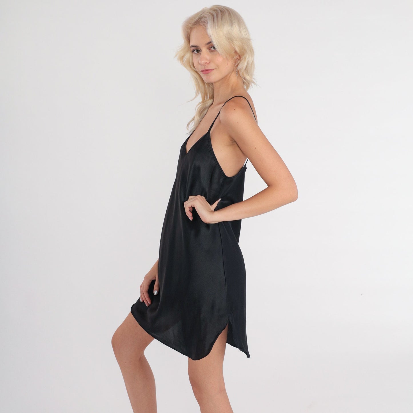 90s Black Satin Slip Dress V-Neck Spaghetti Strap Mini Medium