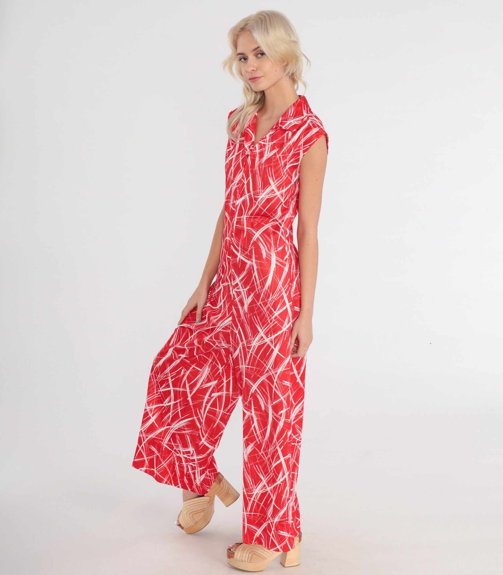 70s Red White Abstract Print Jumpsuit Wide Leg Sleeveless Zip Collar Medium