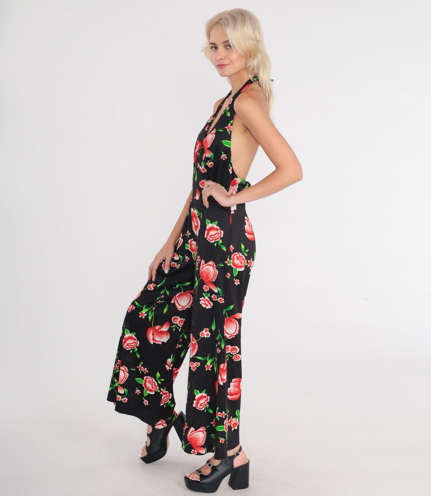 70s Black Floral Halter Jumpsuit Bell Bottom Wide Leg Medium M