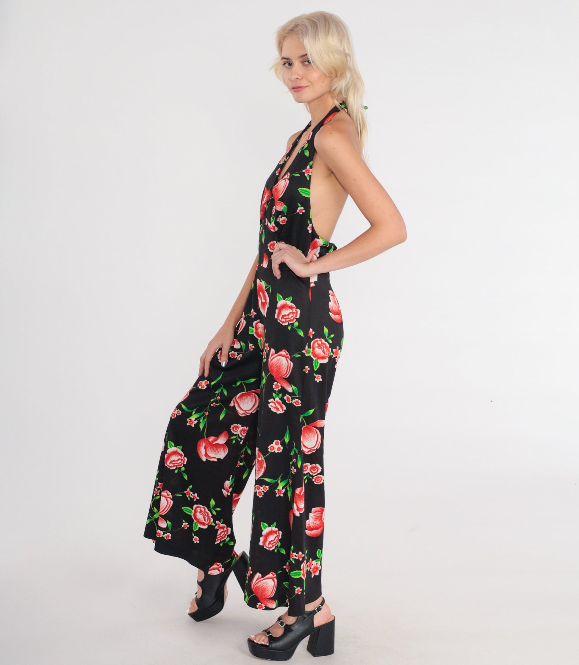 70s Black Floral Halter Jumpsuit Bell Bottom Wide Leg Medium M