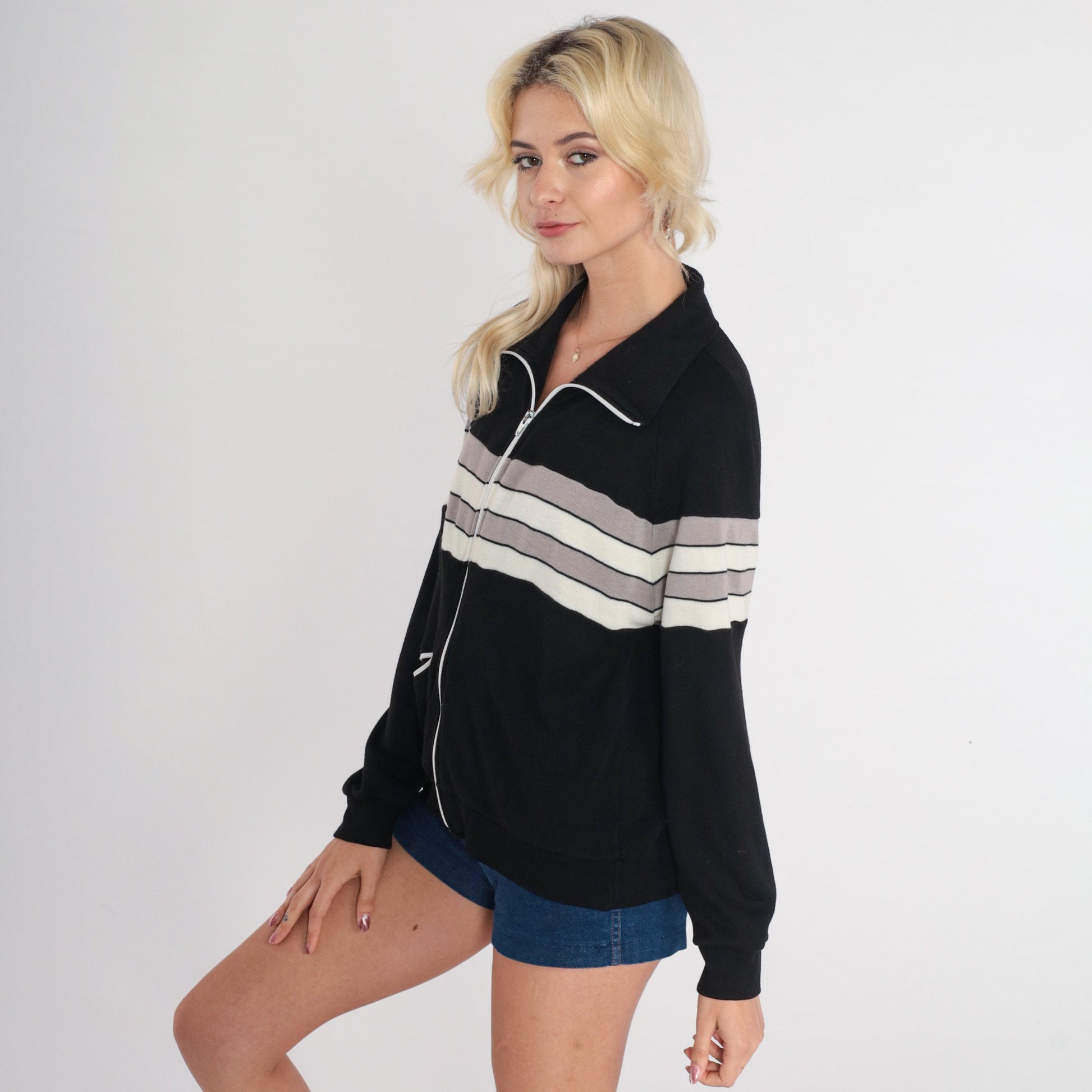 80s Black Track Jacket Striped Zip-Up Taupe White Medium