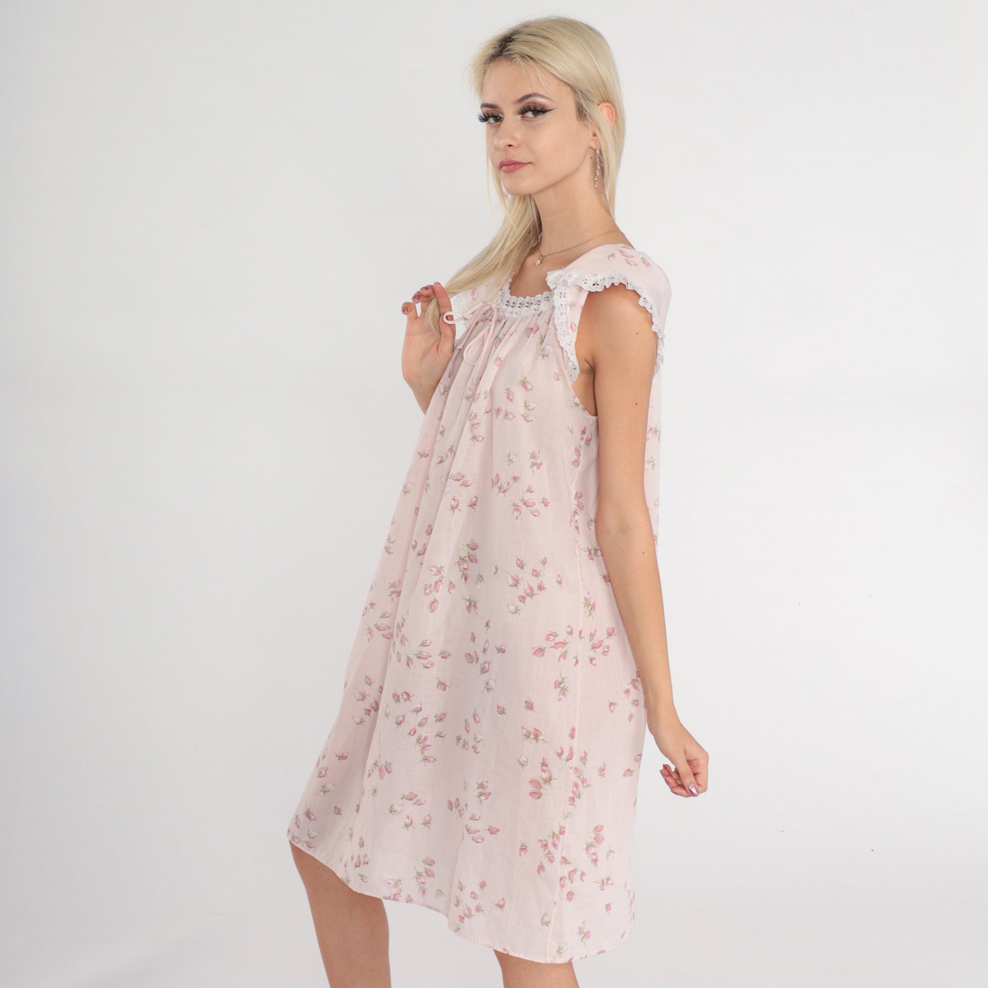 80s Floral Shift Dress Baby Pink Tulip Sleeve Lace Trim Midi Medium