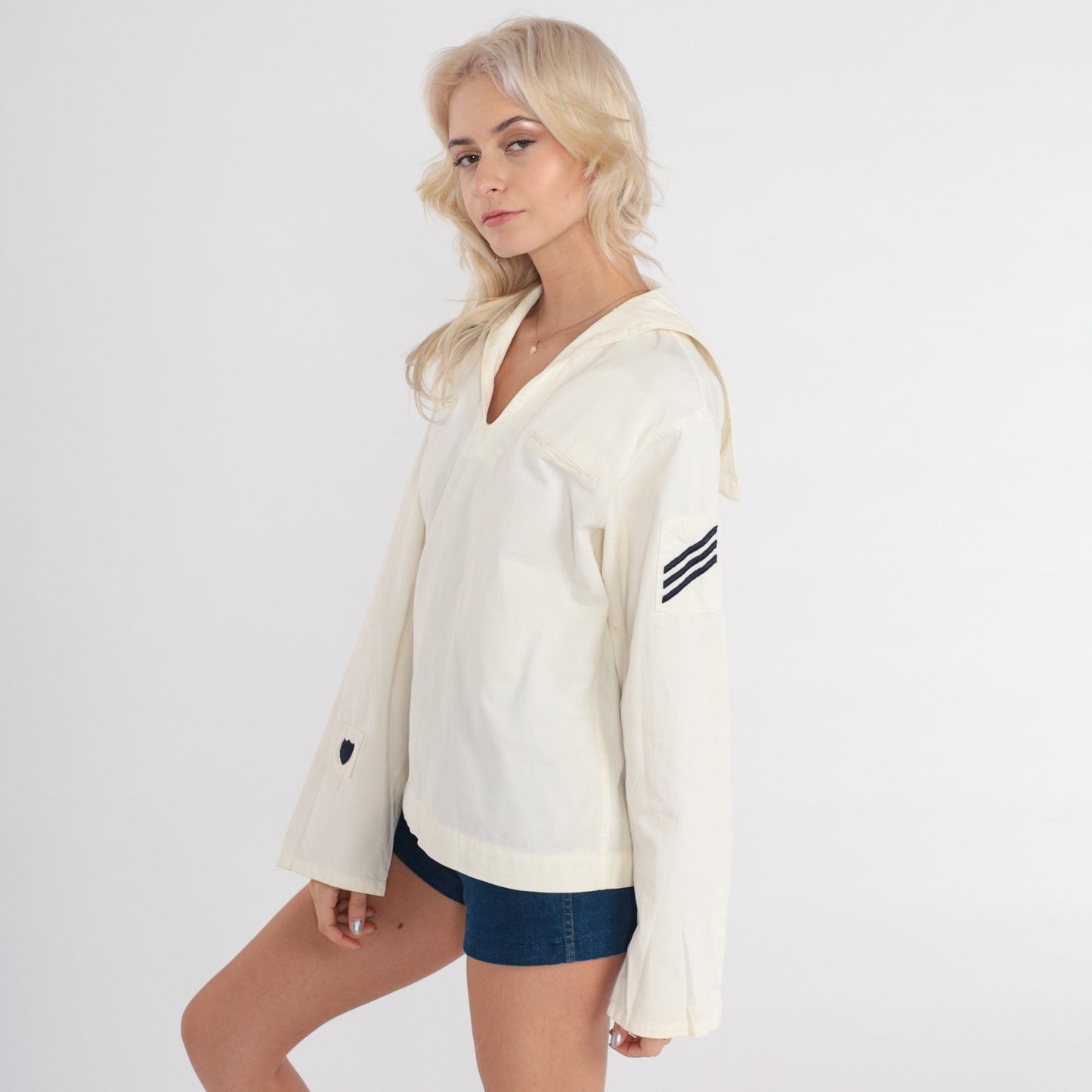 70s Sailor Collar Shirt White Navy Stripe Long Sleeve Extra Small