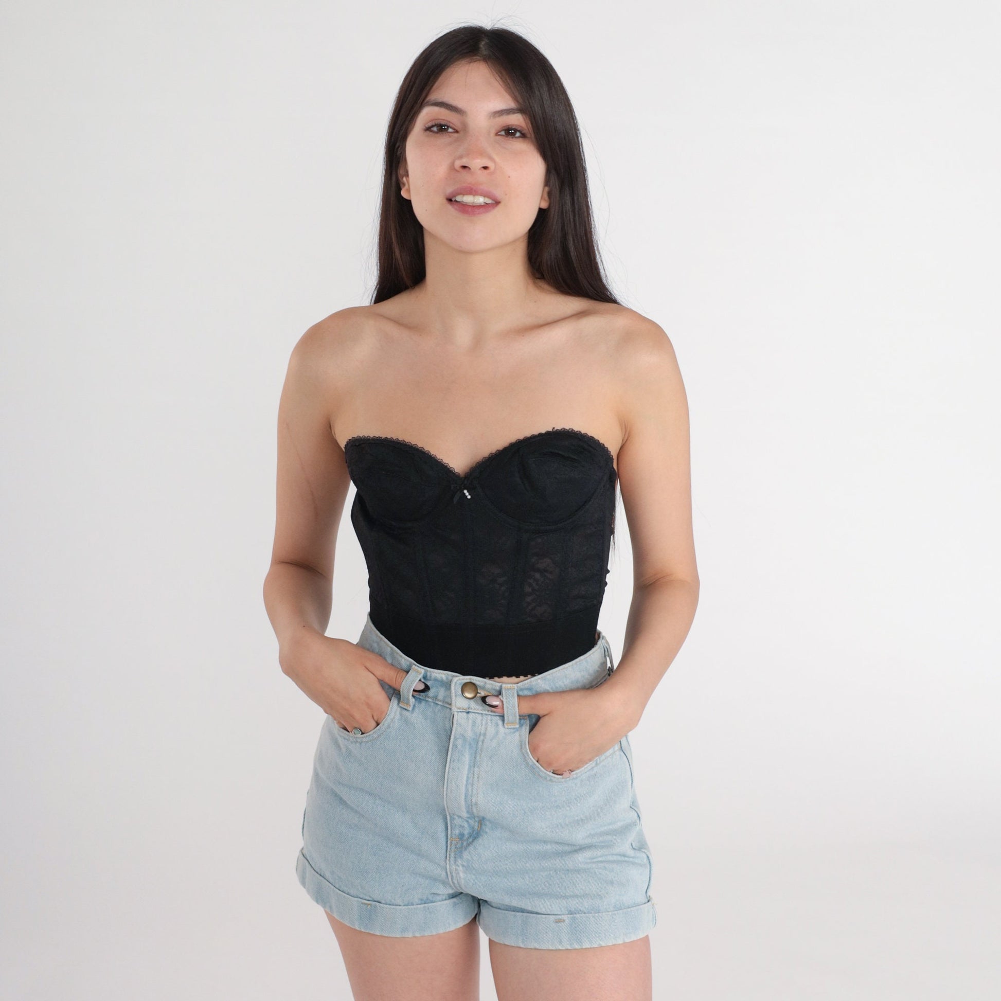 80s Black Lace Bustier Corset Boned Strapless Sweetheart Bra 32B