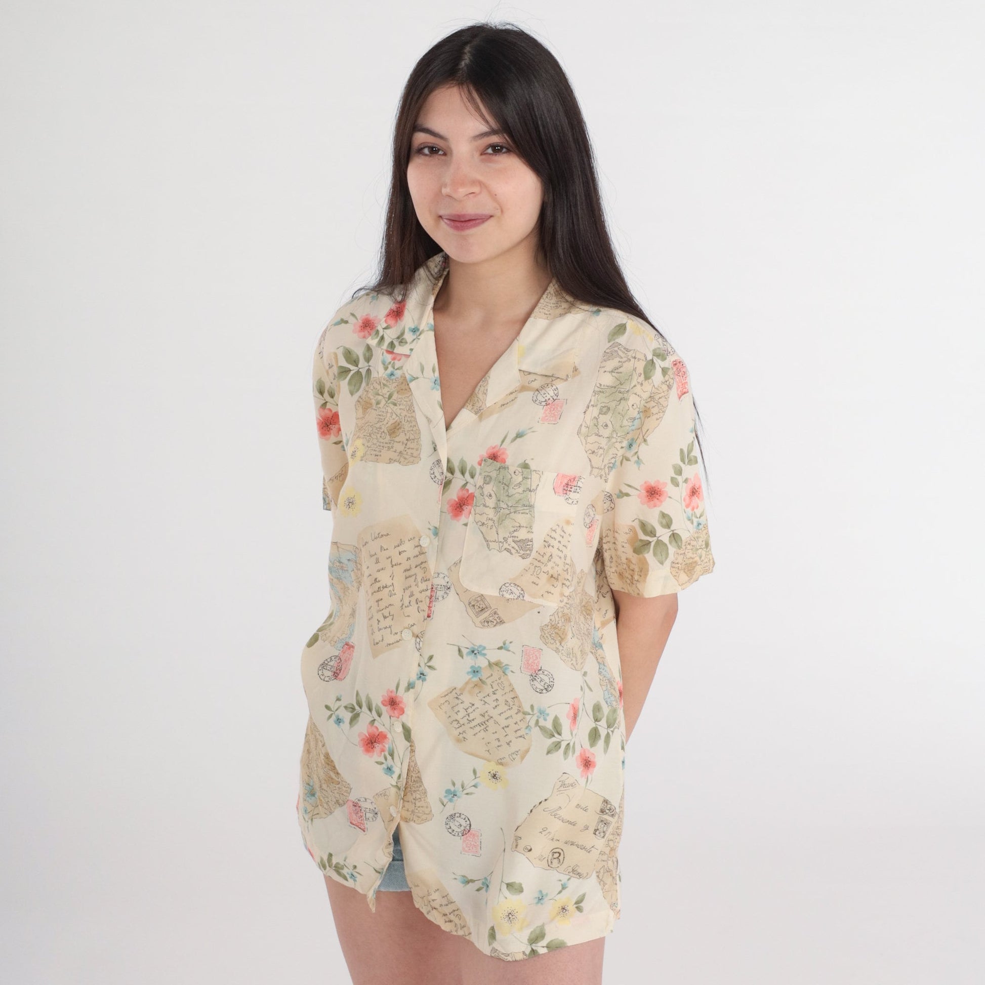 90s Liz Claiborne Travel Print Button-Up Blouse Cream Floral Postcard Shirt Large