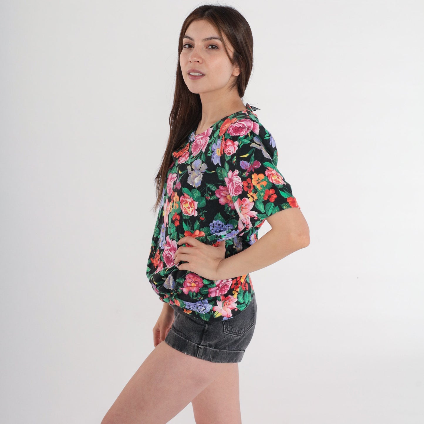 80s Fritzie Of California Black Floral Puff Sleeve Blouse Small