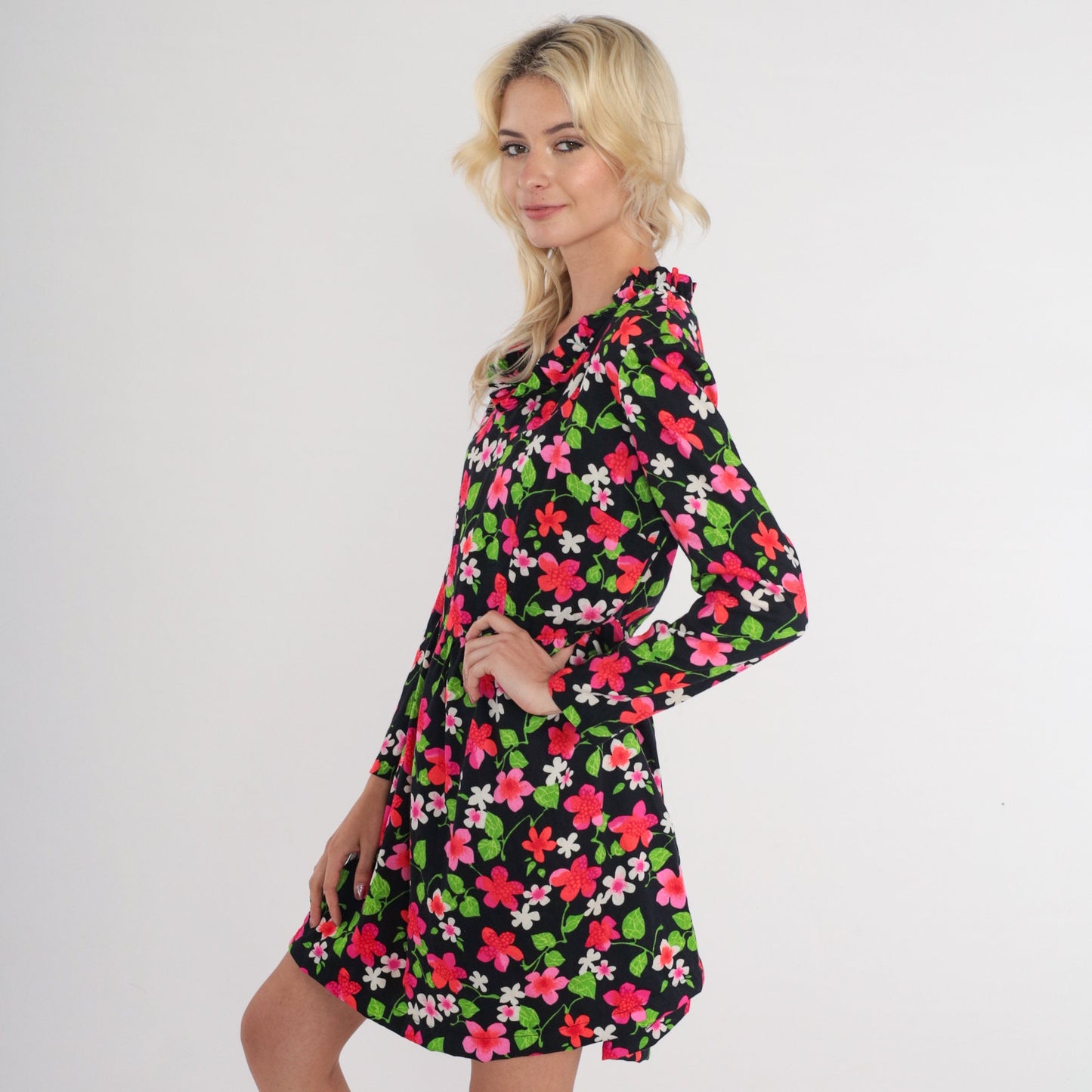 70s Black Floral Mini Dress Long Sleeve Ruffled Neck High Waisted Medium