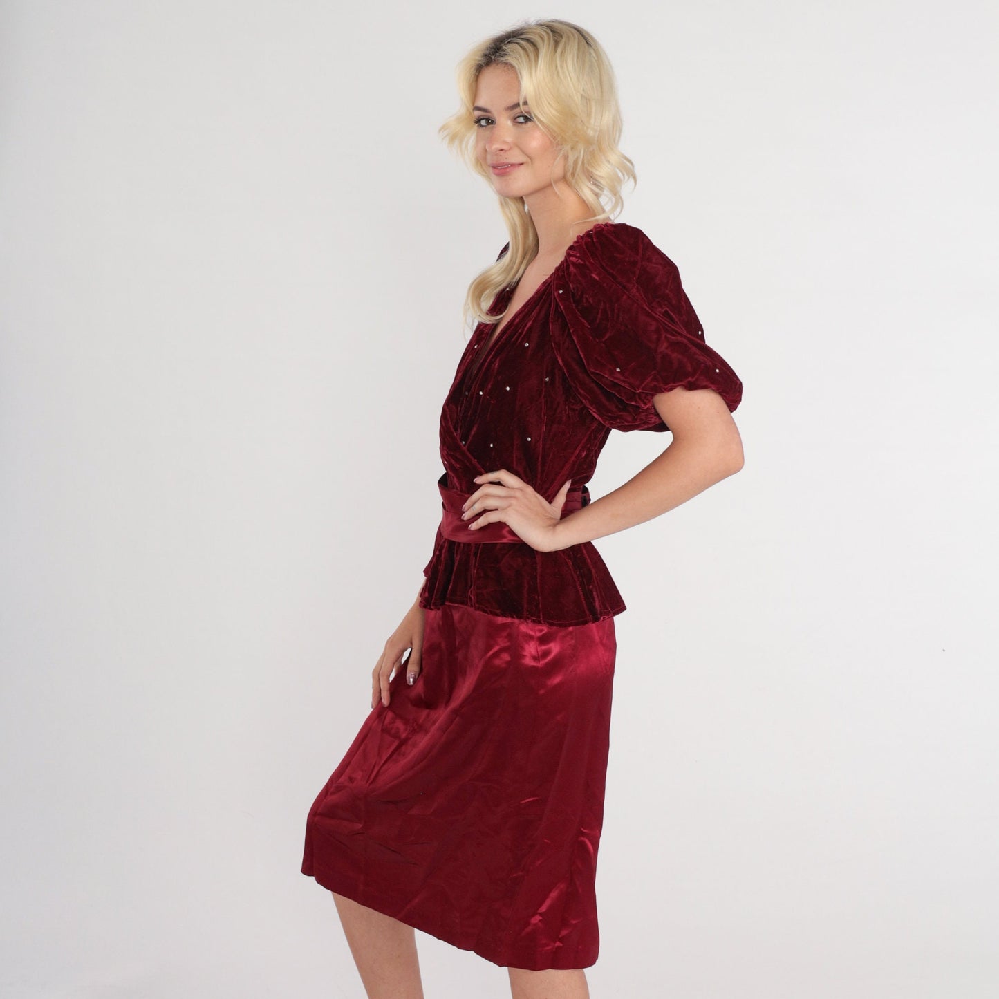 80s Burgundy Velvet Midi Dress Rhinestone Puff Sleeve V-Neck Small