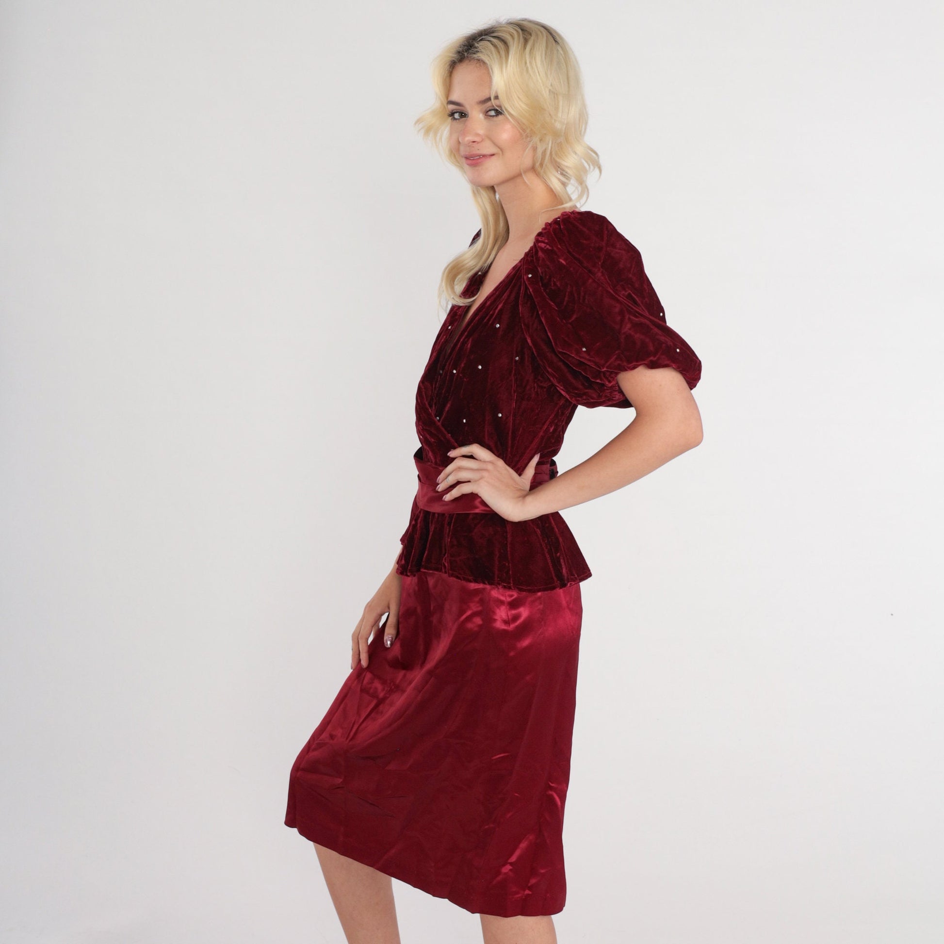 80s Burgundy Velvet Midi Dress Rhinestone Puff Sleeve V-Neck Small