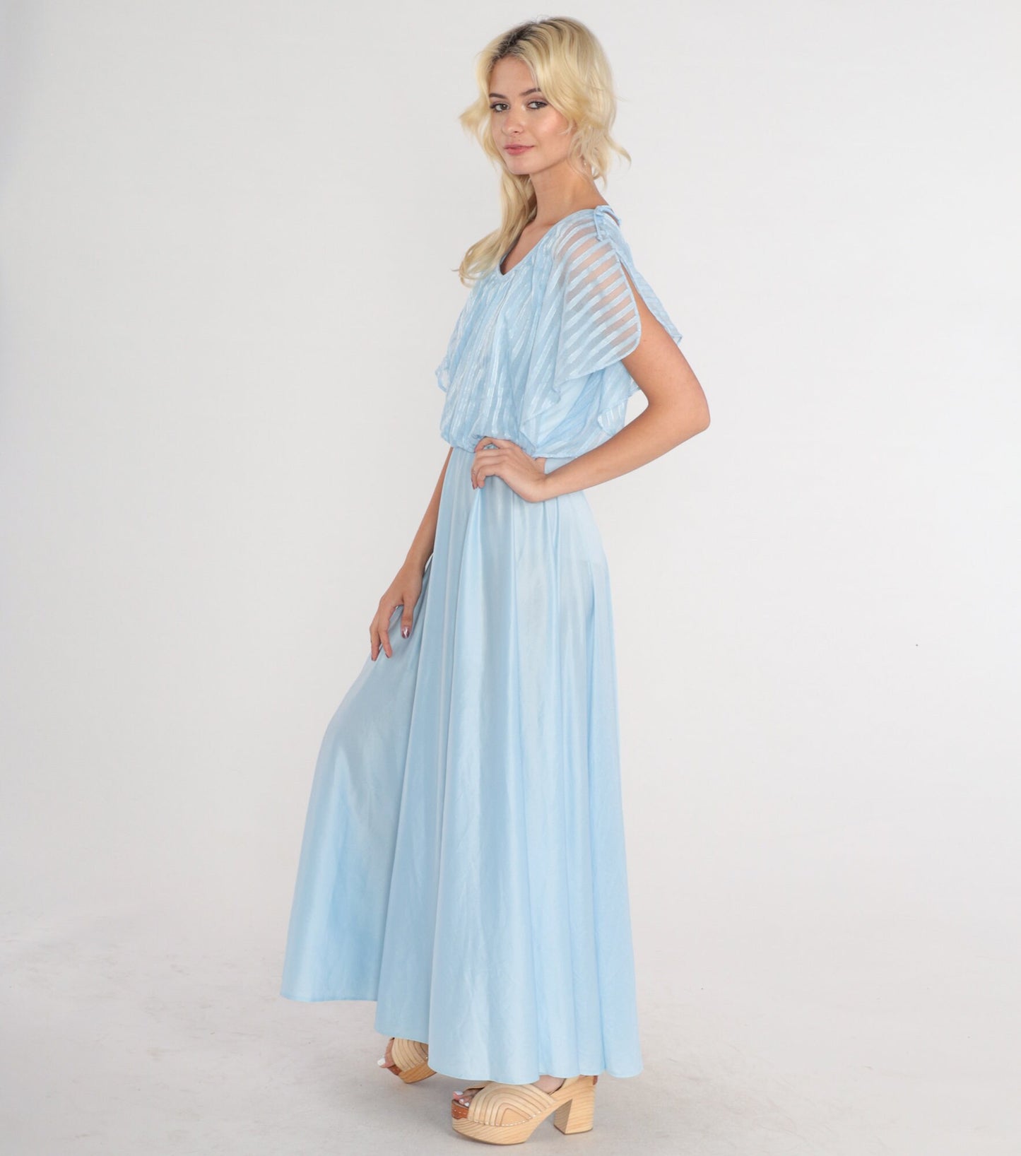 70s Baby Blue Maxi Dress Grecian High Waisted Flutter Sleeve Small XS