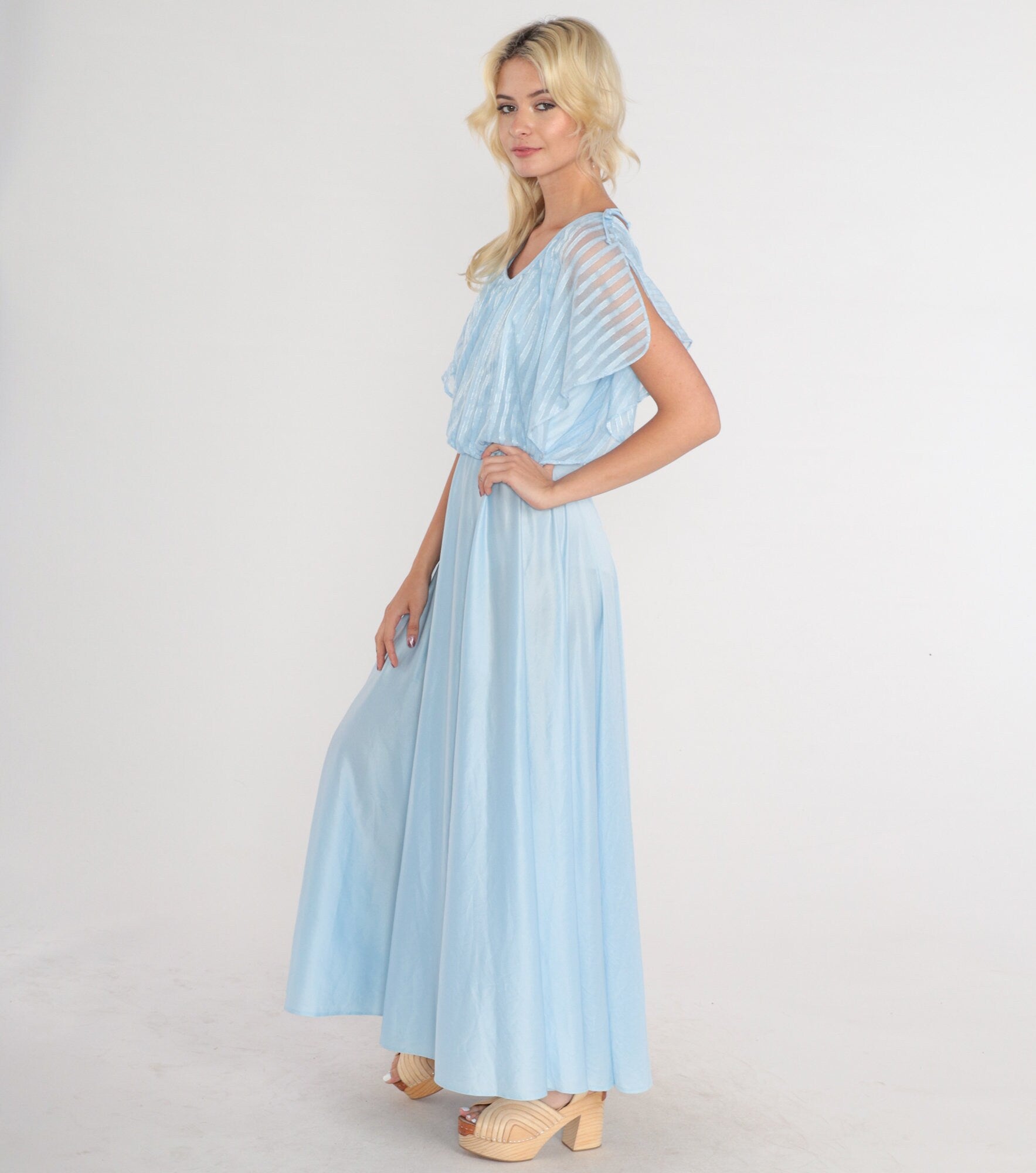 70s Baby Blue Maxi Dress Grecian High Waisted Flutter Sleeve Small XS