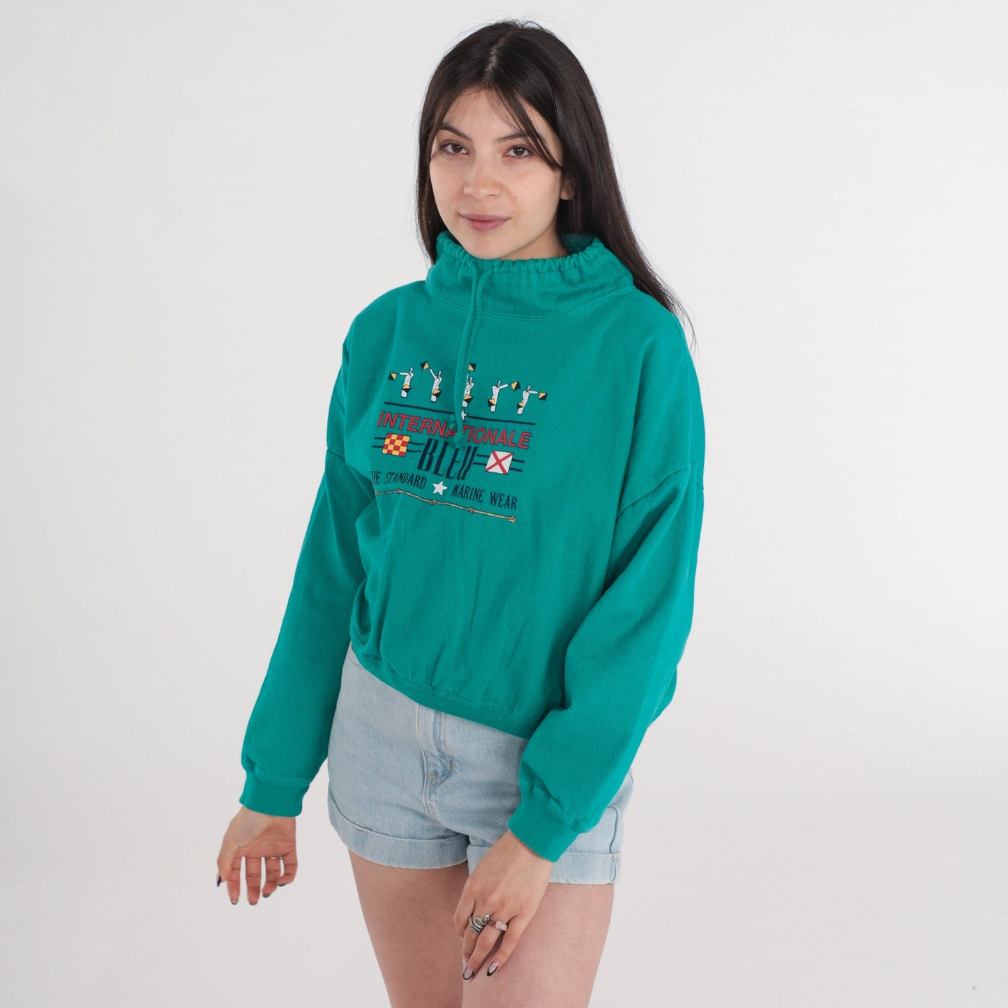 90s Internationale Bleu Nautical Cotton Sweatshirt Green Funnel Neck Small Medium