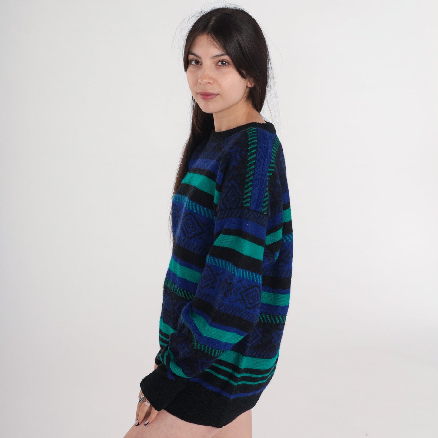 90s Meister Geometric Striped Sweater Black Purple Green Wool Blend Medium