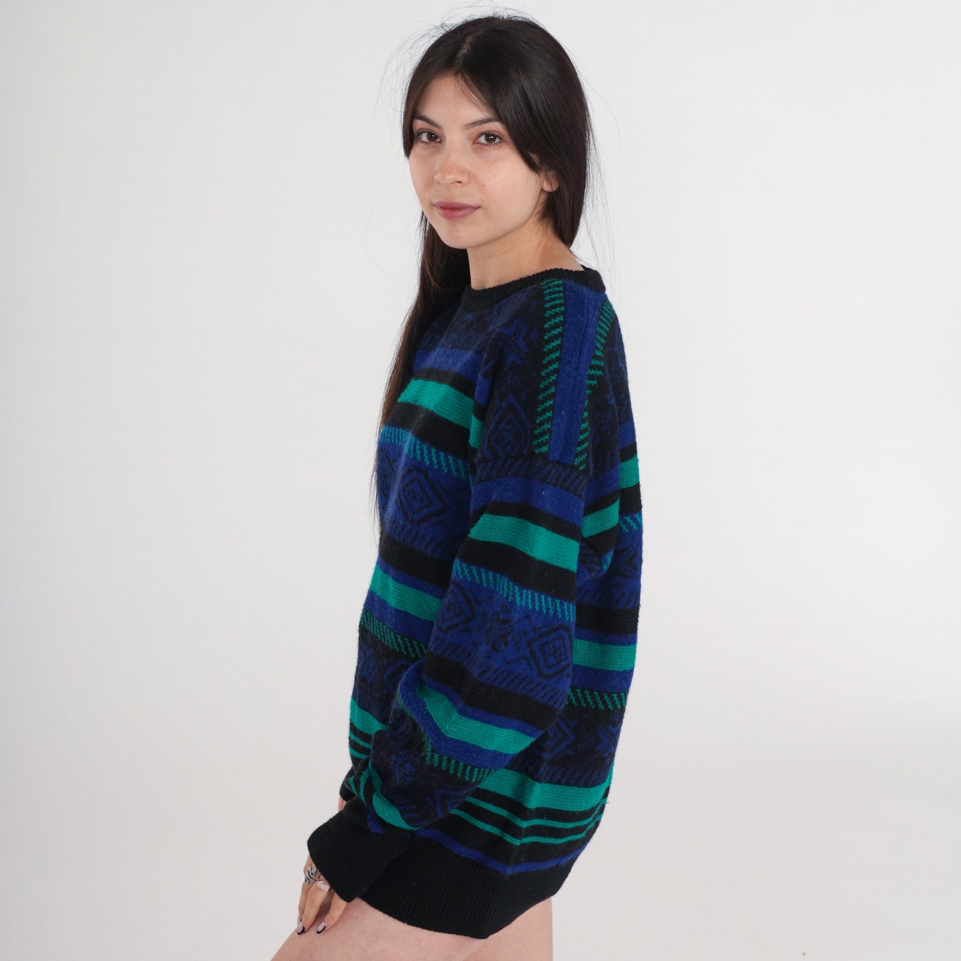 90s Meister Geometric Striped Sweater Black Purple Green Wool Blend Medium