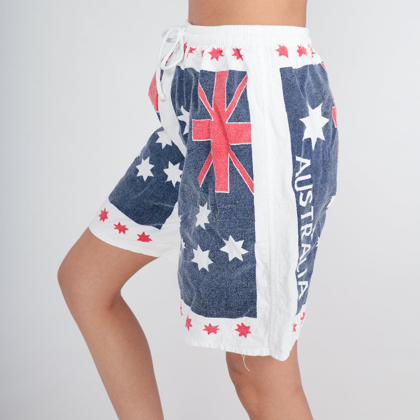 90s Australia Flag Print Drawstring Shorts Cotton High Waist Small Medium
