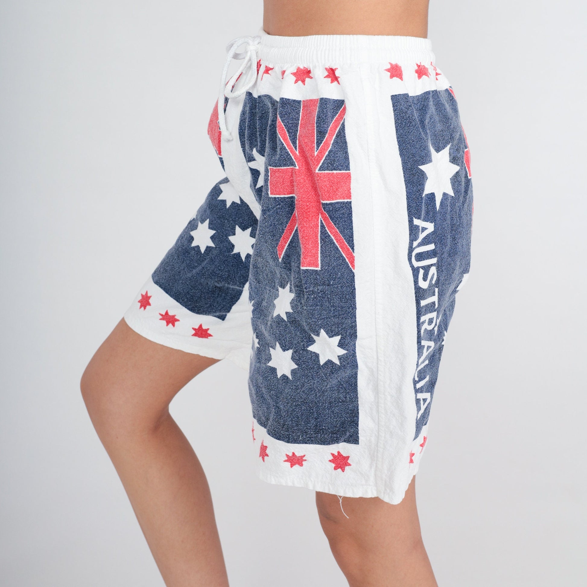 90s Australia Flag Print Drawstring Shorts Cotton High Waist Small Medium