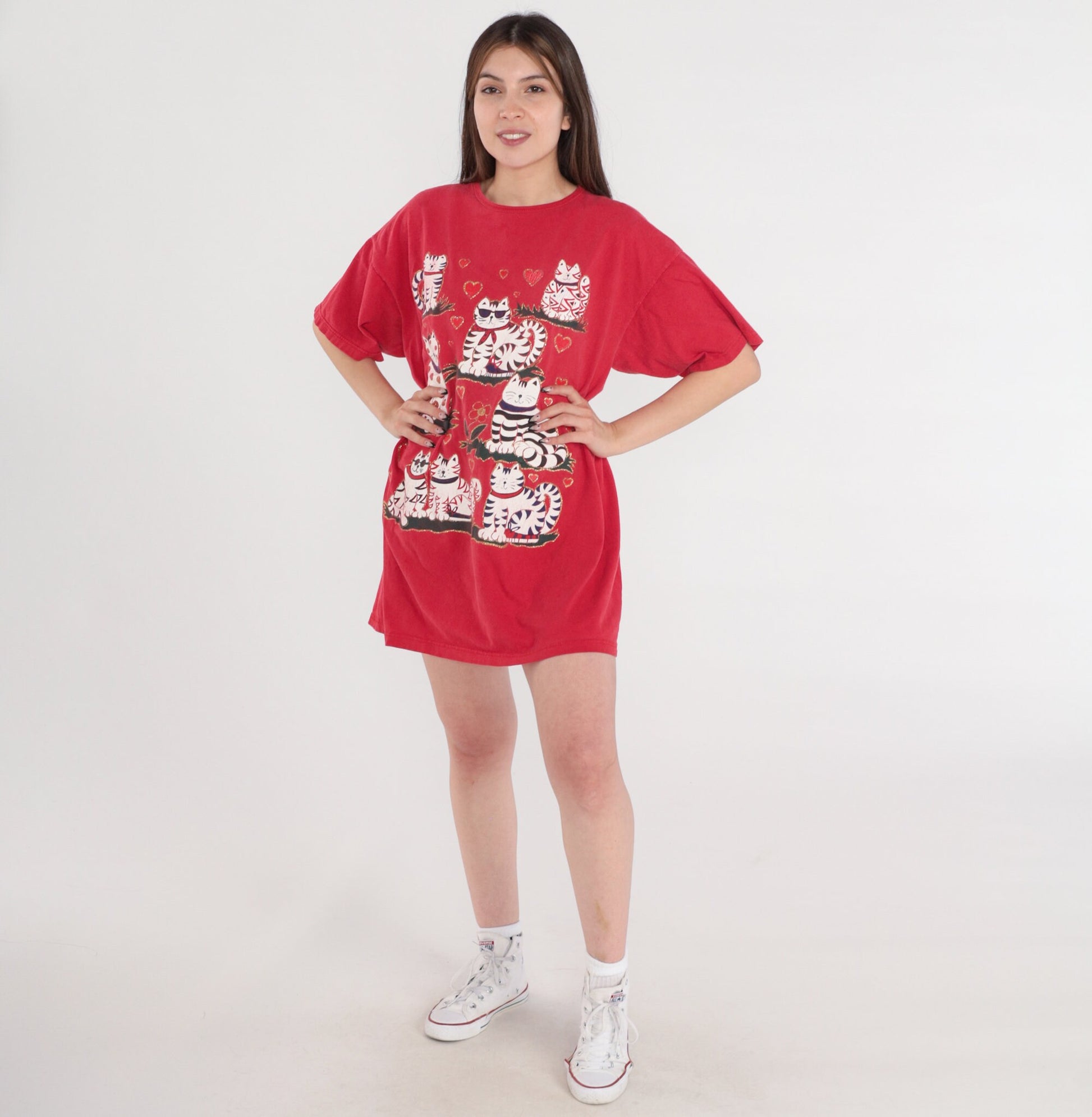 90s Glitter Cat T-Shirt Dress Red Graphic Sleep Shirt Mini One Size