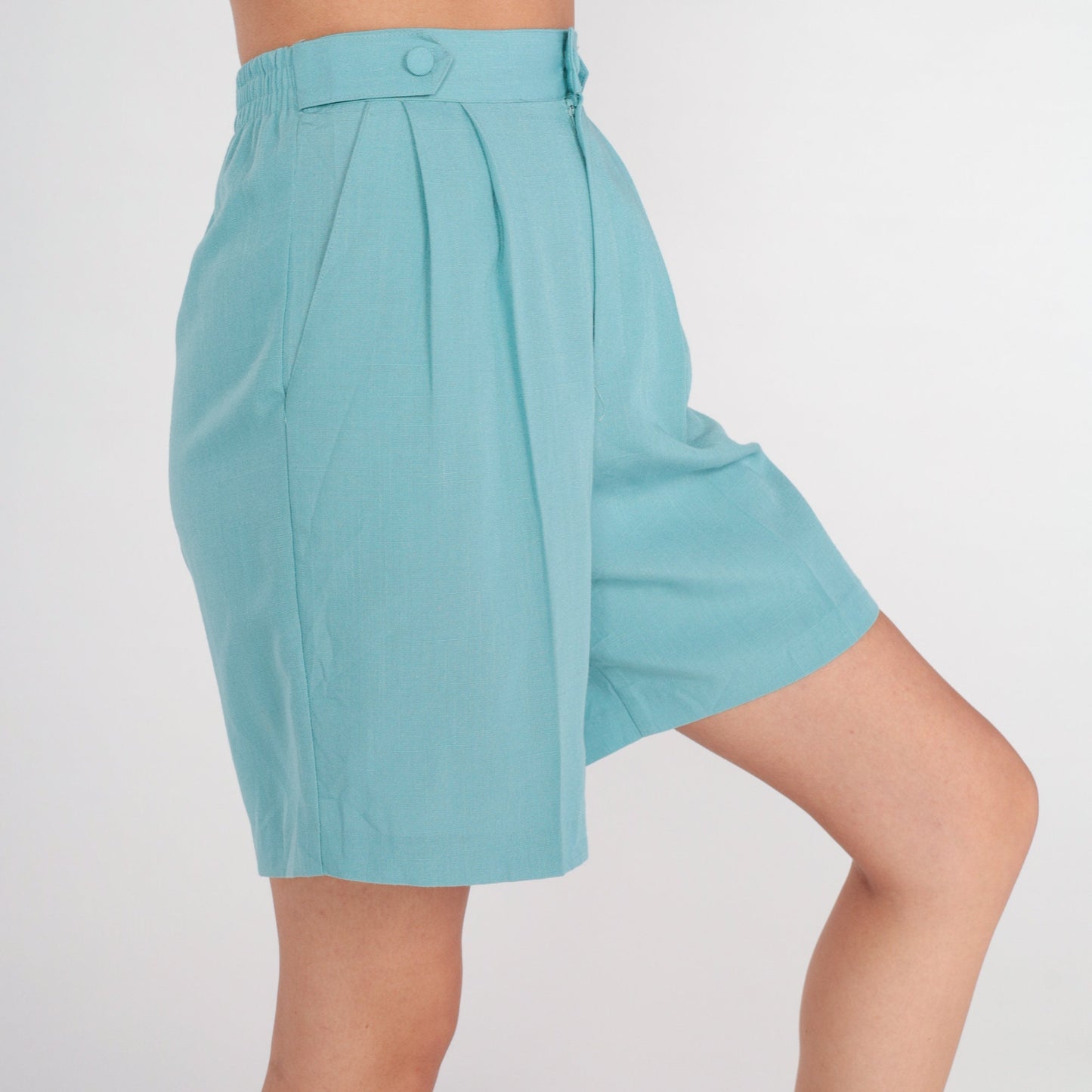 80s Blue Pleated High-Waist Shorts Knee Length Extra Small