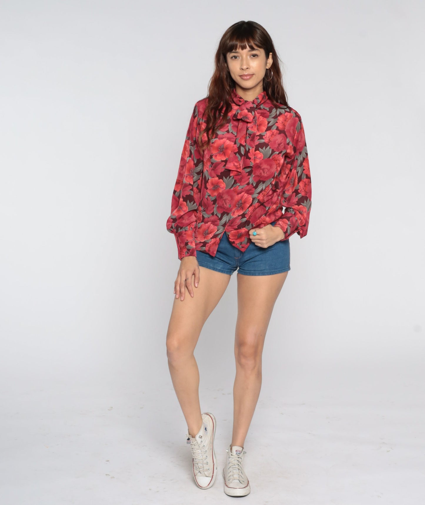 80s Jaeger Floral Ascot Blouse Red Button-Up Long Sleeve Small