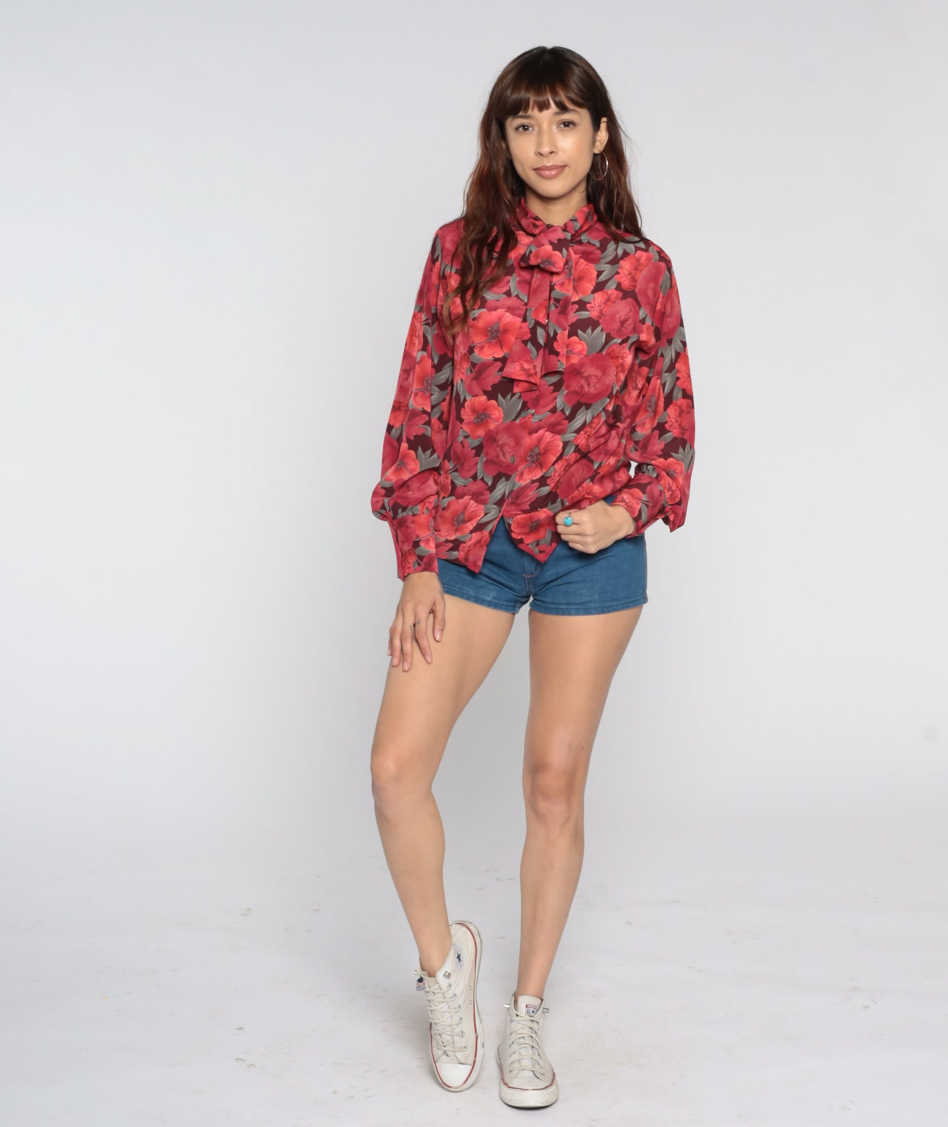 80s Jaeger Floral Ascot Blouse Red Button-Up Long Sleeve Small