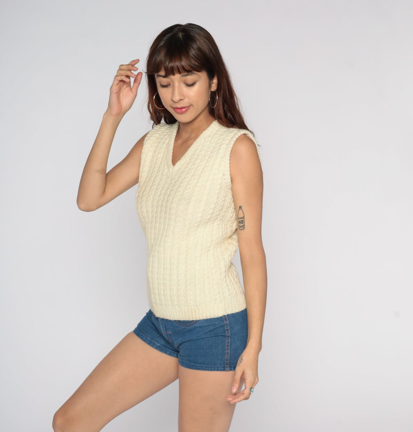 80s Cream Cable Knit Sweater Vest V-Neck Pullover Small S