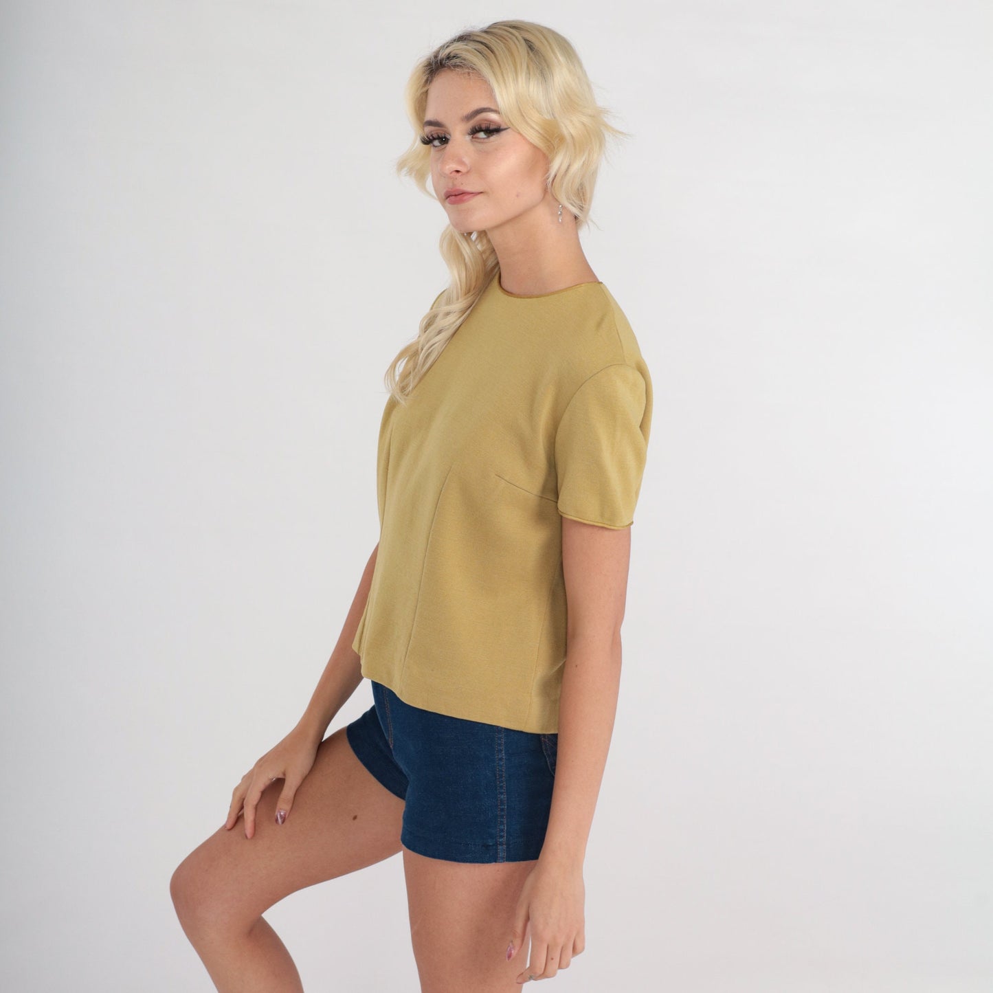60s Wool Blend Knit Blouse Yellow Tan Short Sleeve Mod Shirt Small